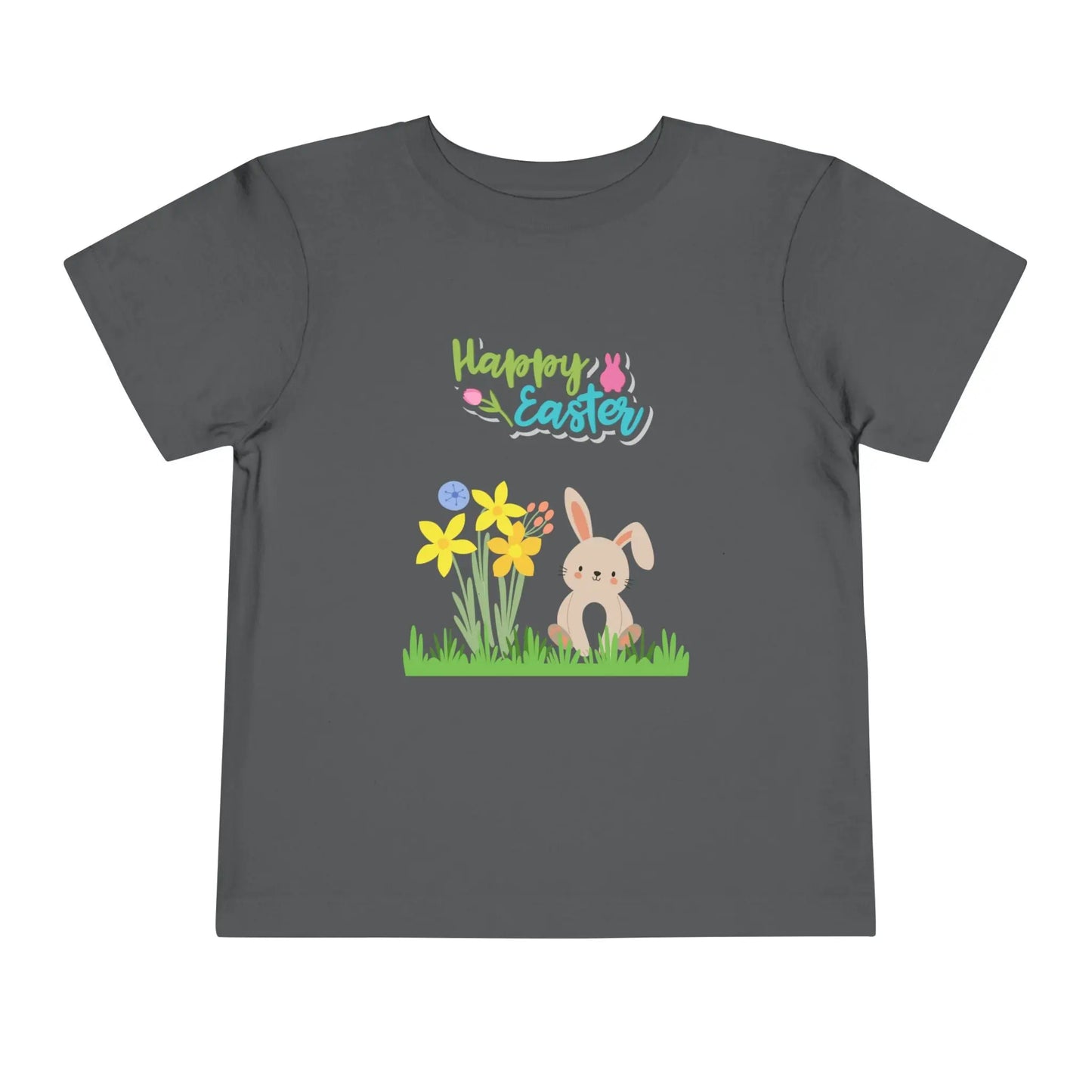 Soft cotton toddler tee with pastel bunny behind daffodils and Happy Easter rainbow lettering. Perfect for egg hunts and spring celebrations. Sizes 2T-5T. Asphalt