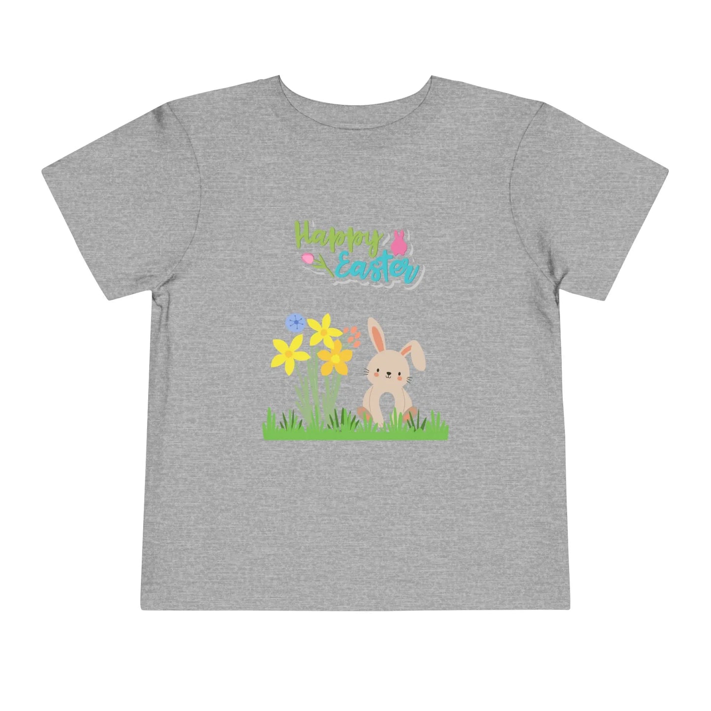 Soft cotton toddler tee with pastel bunny behind daffodils and Happy Easter rainbow lettering. Perfect for egg hunts and spring celebrations. Sizes 2T-5T. Athletic Heather