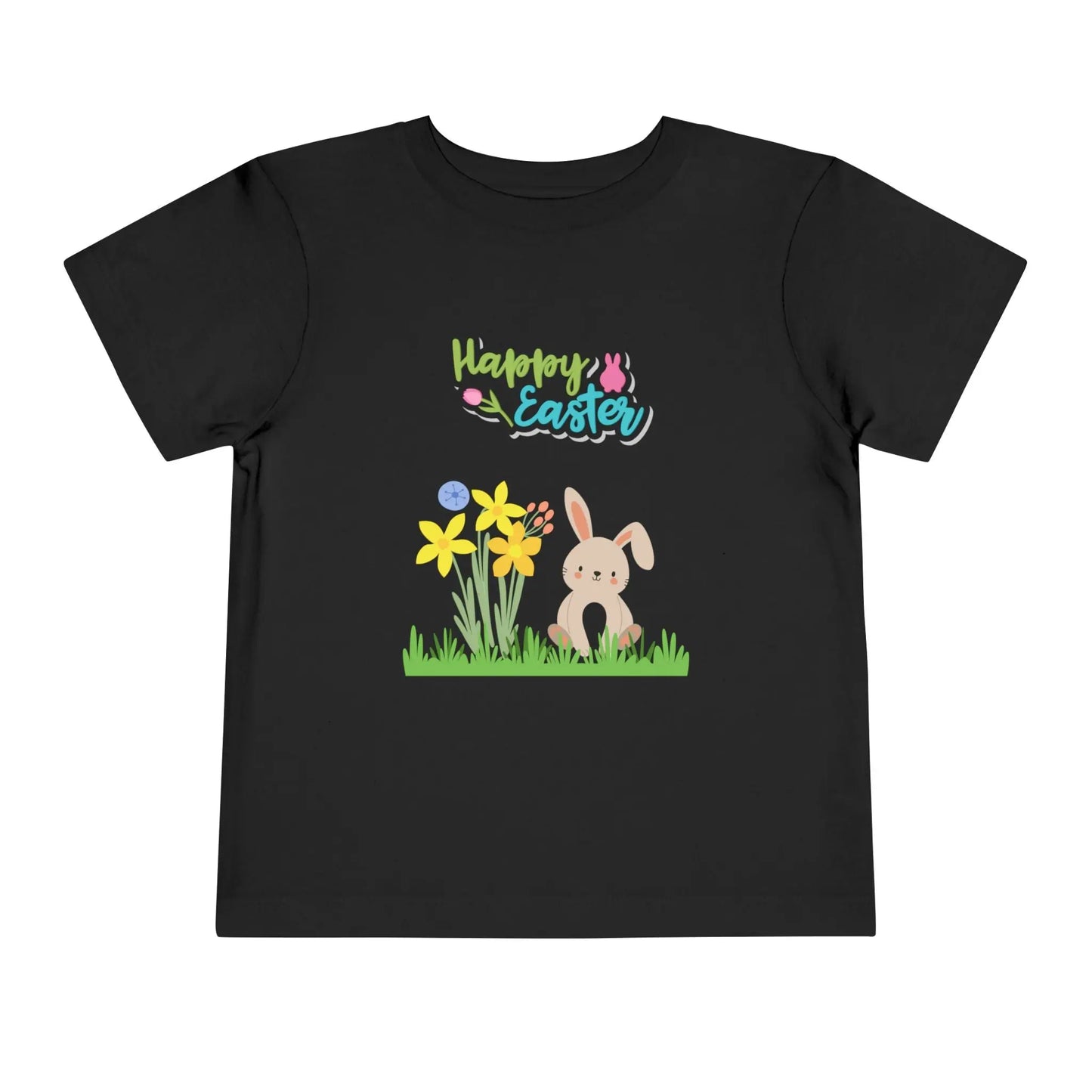 Soft cotton toddler tee with pastel bunny behind daffodils and Happy Easter rainbow lettering. Perfect for egg hunts and spring celebrations. Sizes 2T-5T. Black