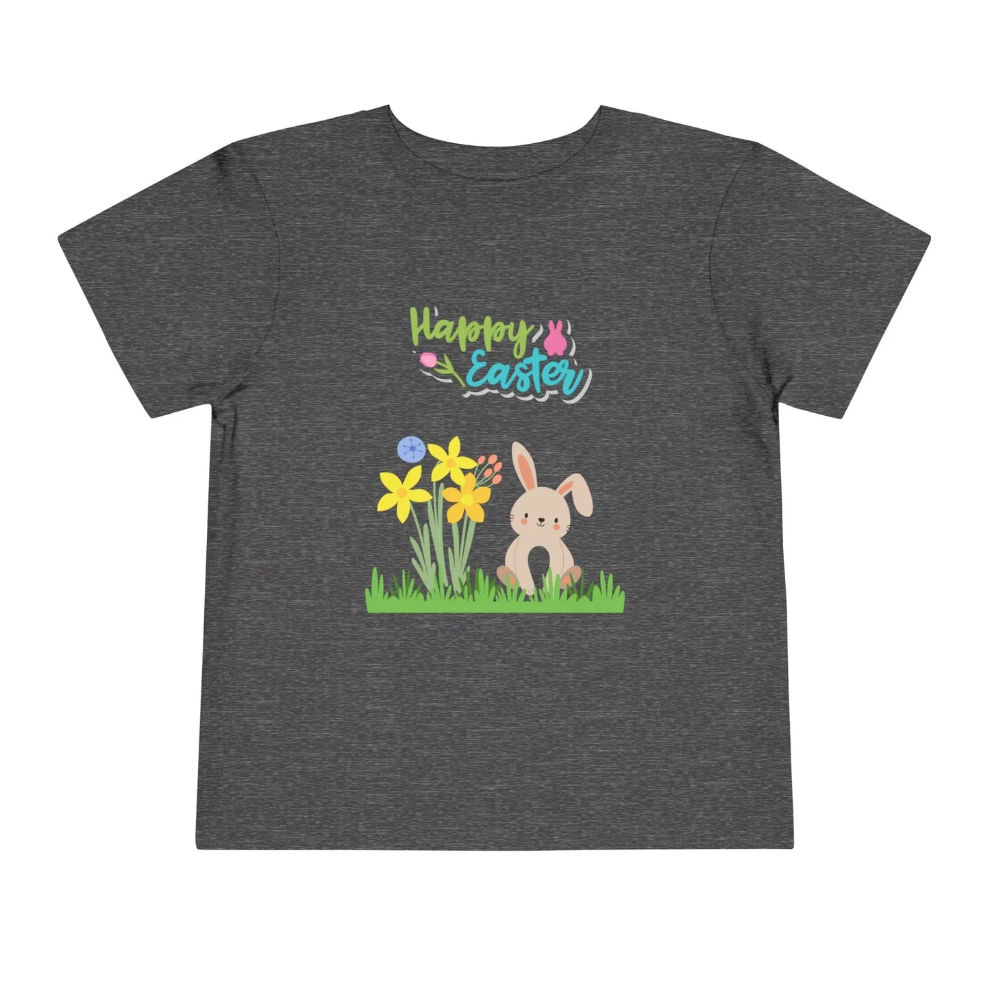 Soft cotton toddler tee with pastel bunny behind daffodils and Happy Easter rainbow lettering. Perfect for egg hunts and spring celebrations. Sizes 2T-5T. Dark Heather Grey