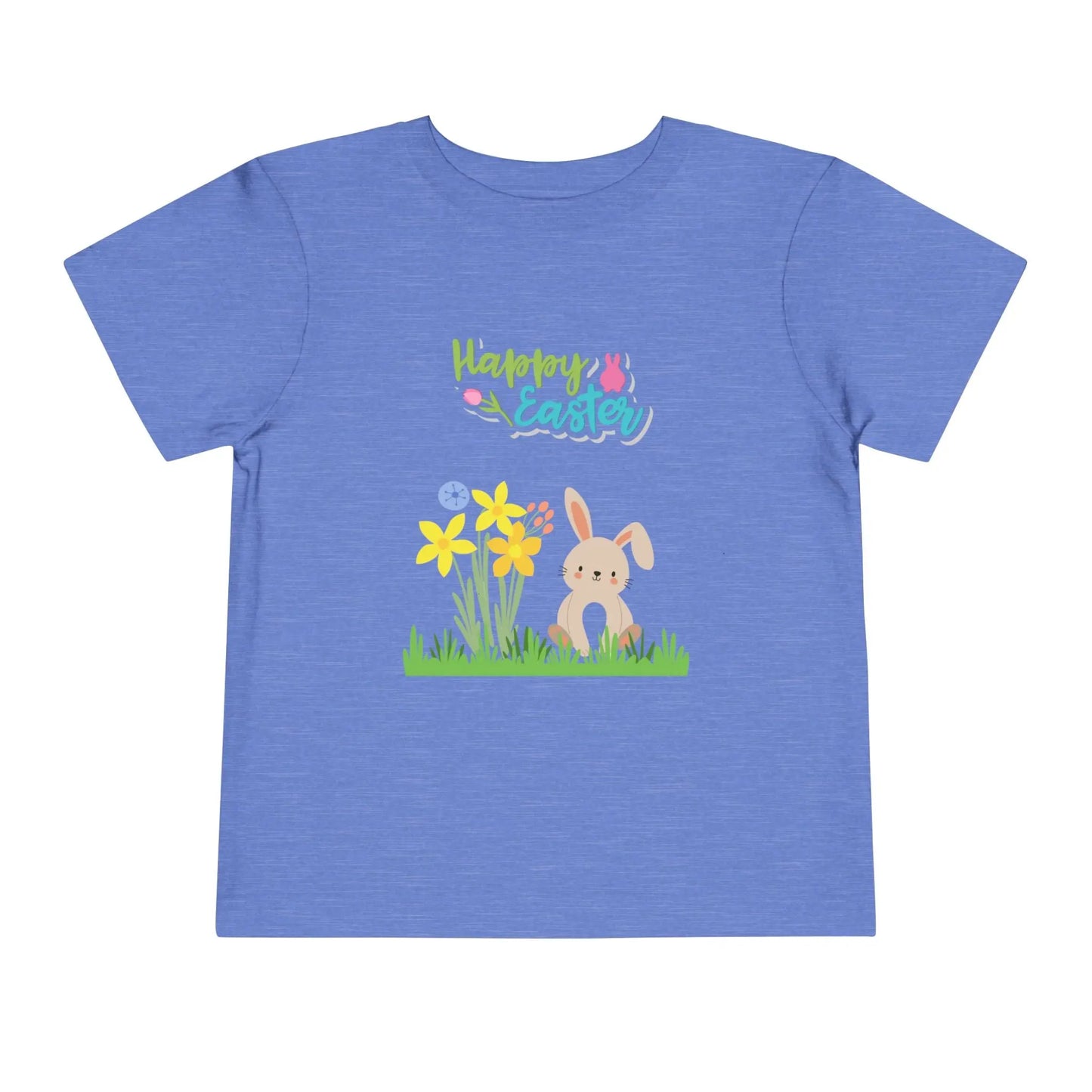 Soft cotton toddler tee with pastel bunny behind daffodils and Happy Easter rainbow lettering. Perfect for egg hunts and spring celebrations. Sizes 2T-5T. Heather Columbia Blue