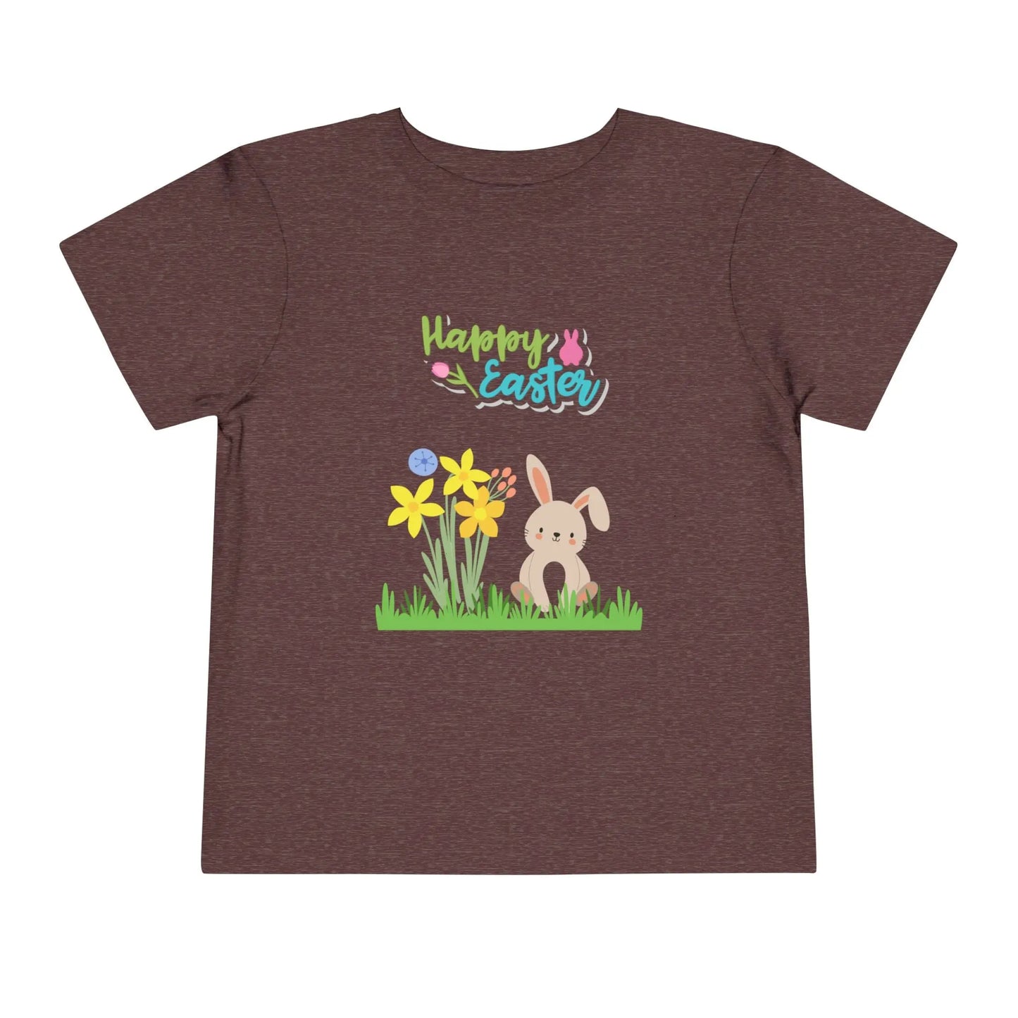 Soft cotton toddler tee with pastel bunny behind daffodils and Happy Easter rainbow lettering. Perfect for egg hunts and spring celebrations. Sizes 2T-5T. Heather Maroon