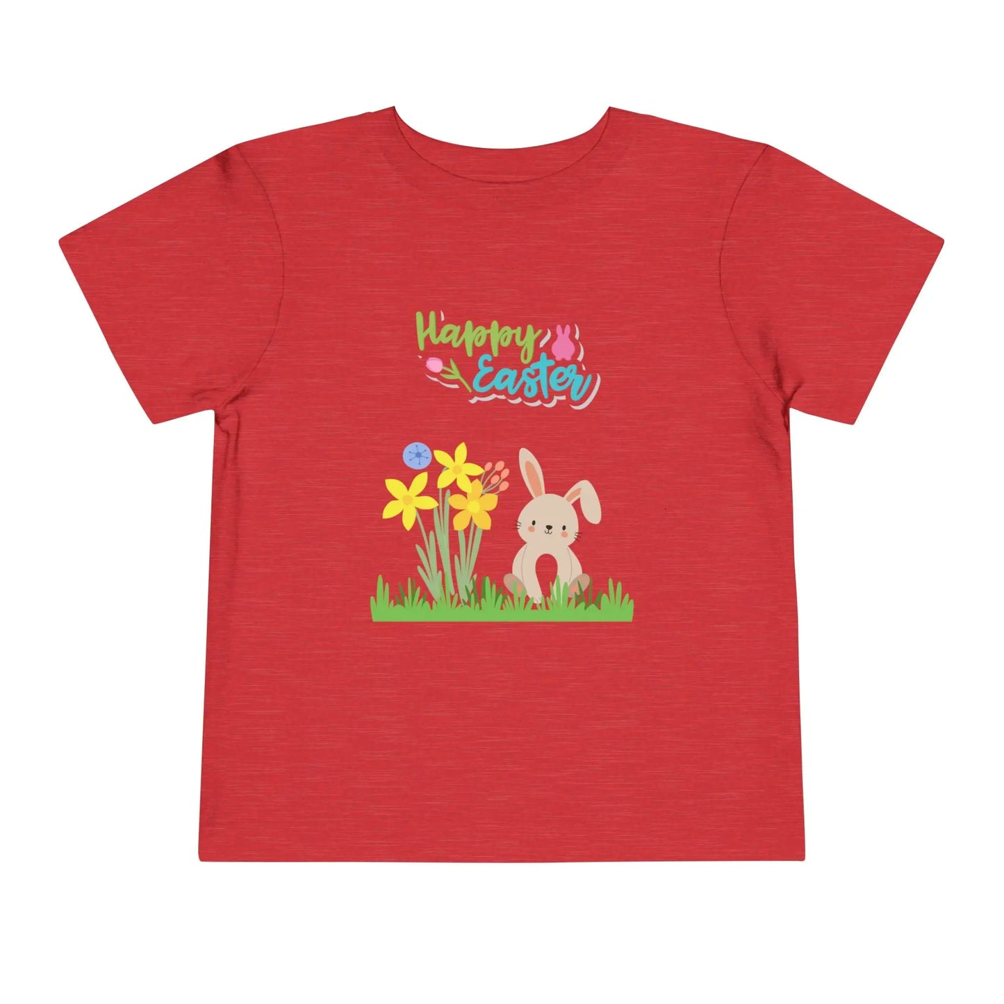 Soft cotton toddler tee with pastel bunny behind daffodils and Happy Easter rainbow lettering. Perfect for egg hunts and spring celebrations. Sizes 2T-5T. Heather Red
