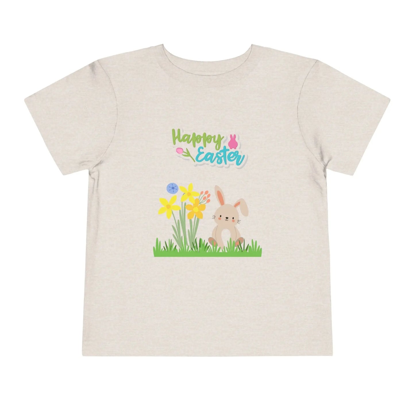 Soft cotton toddler tee with pastel bunny behind daffodils and Happy Easter rainbow lettering. Perfect for egg hunts and spring celebrations. Sizes 2T-5T. Heather Stone