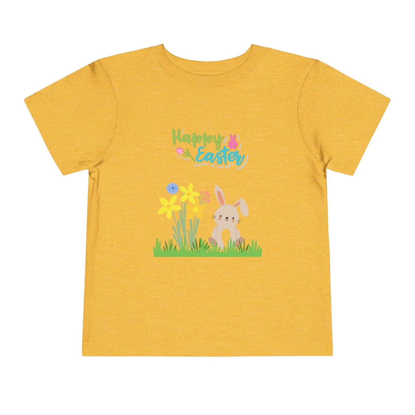 Soft cotton toddler tee with pastel bunny behind daffodils and Happy Easter rainbow lettering. Perfect for egg hunts and spring celebrations. Sizes 2T-5T. Heather Yellow Gold
