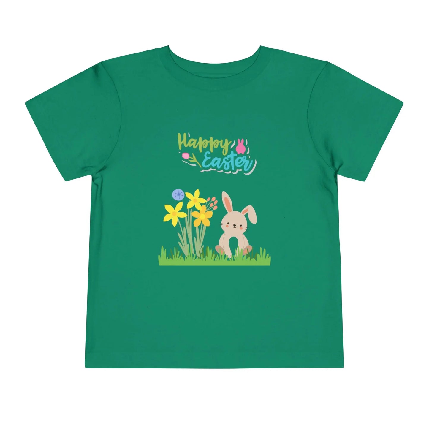 Soft cotton toddler tee with pastel bunny behind daffodils and Happy Easter rainbow lettering. Perfect for egg hunts and spring celebrations. Sizes 2T-5T. Kelly Green