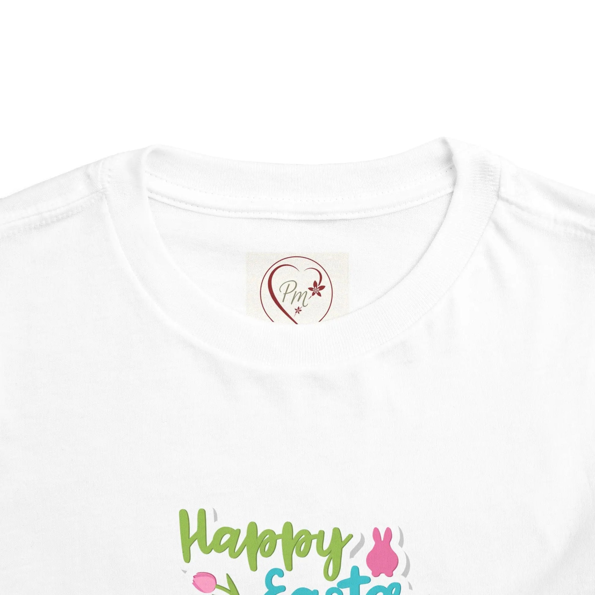 White t-shirt with 'Happy Easter' text and graphics on a white background