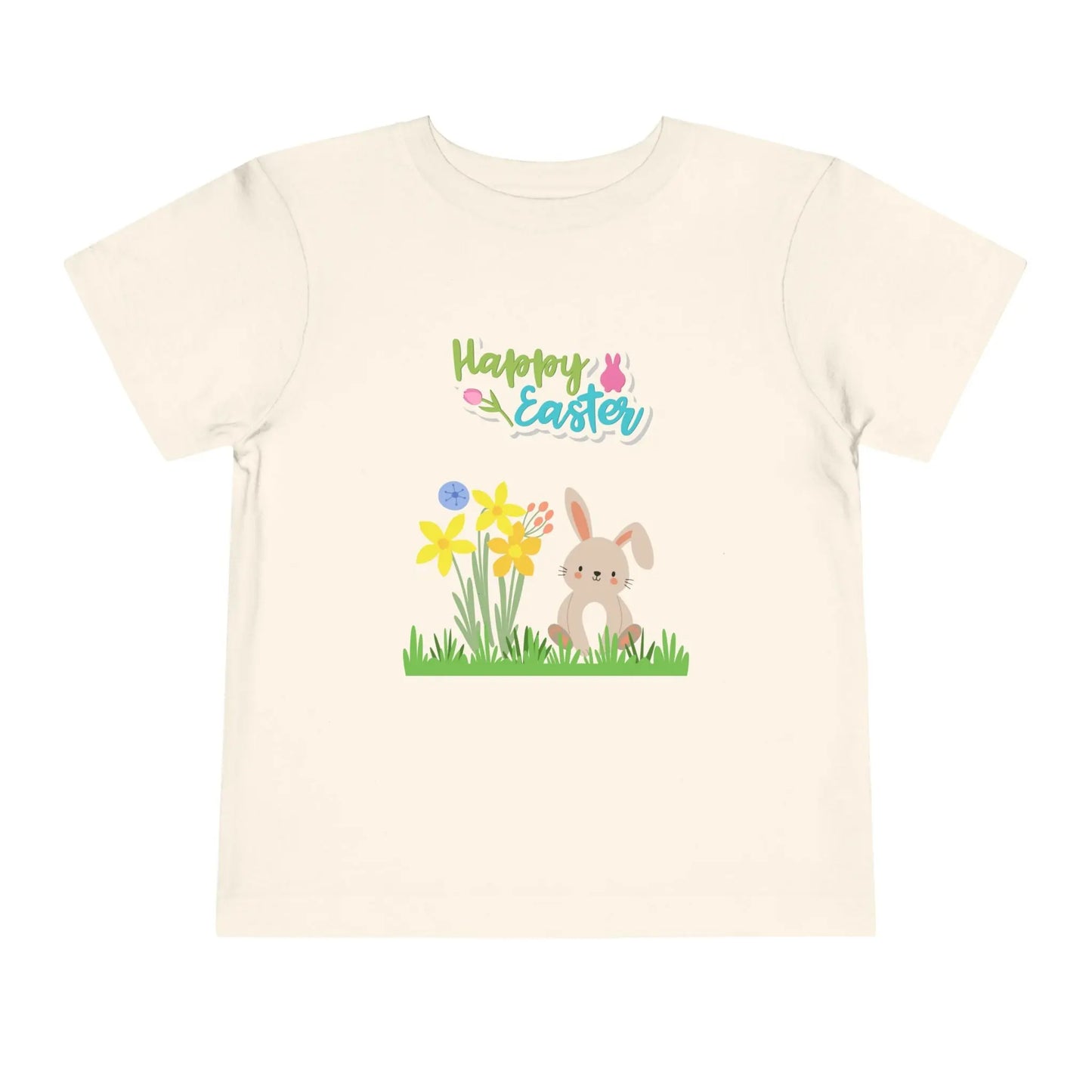 Soft cotton toddler tee with pastel bunny behind daffodils and Happy Easter rainbow lettering. Perfect for egg hunts and spring celebrations. Sizes 2T-5T. Natural
