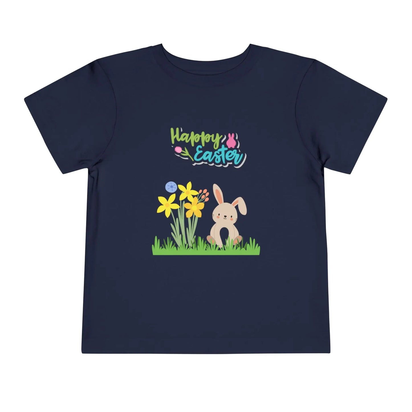 Soft cotton toddler tee with pastel bunny behind daffodils and Happy Easter rainbow lettering. Perfect for egg hunts and spring celebrations. Sizes 2T-5T. Navy