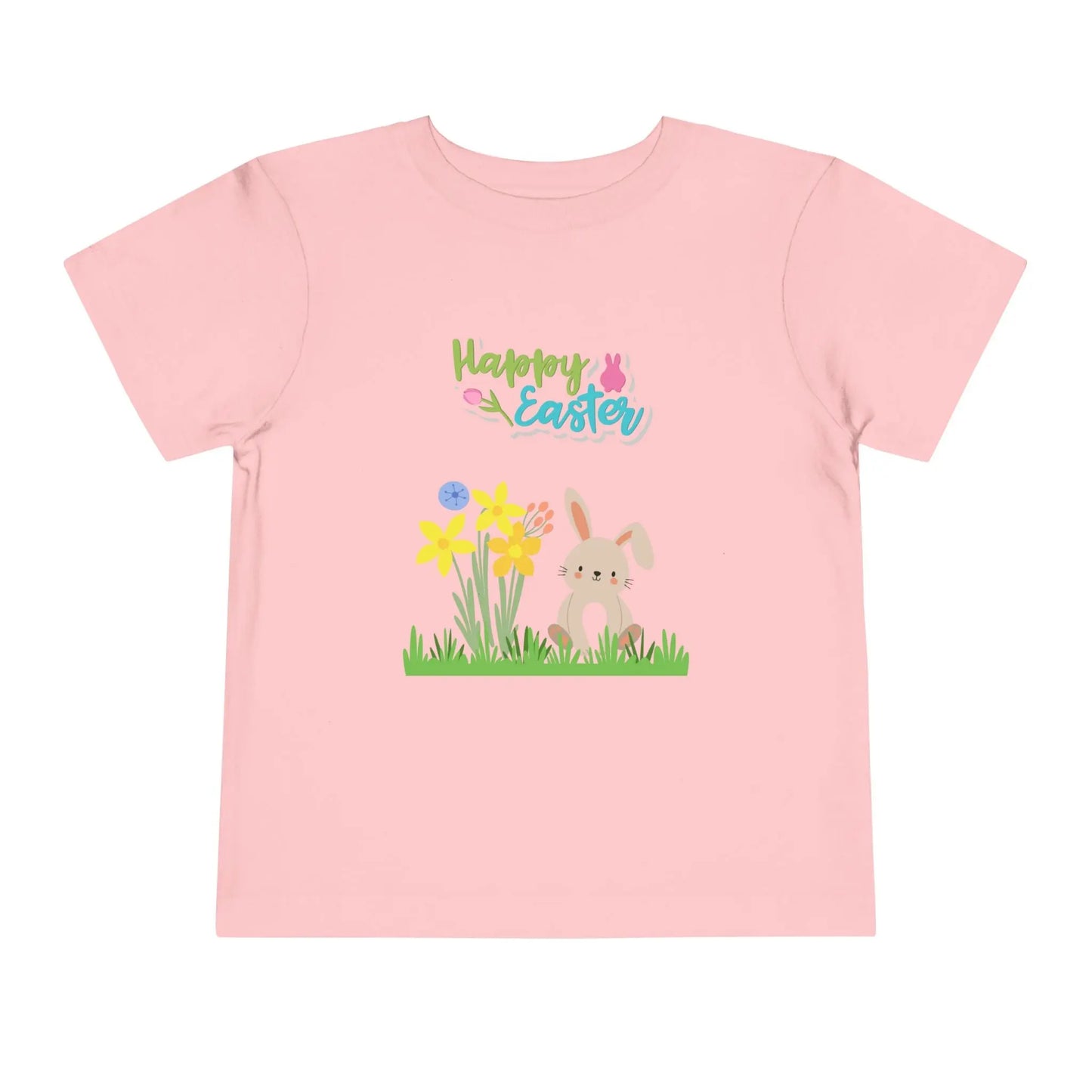 Soft cotton toddler tee with pastel bunny behind daffodils and Happy Easter rainbow lettering. Perfect for egg hunts and spring celebrations. Sizes 2T-5T. Pink