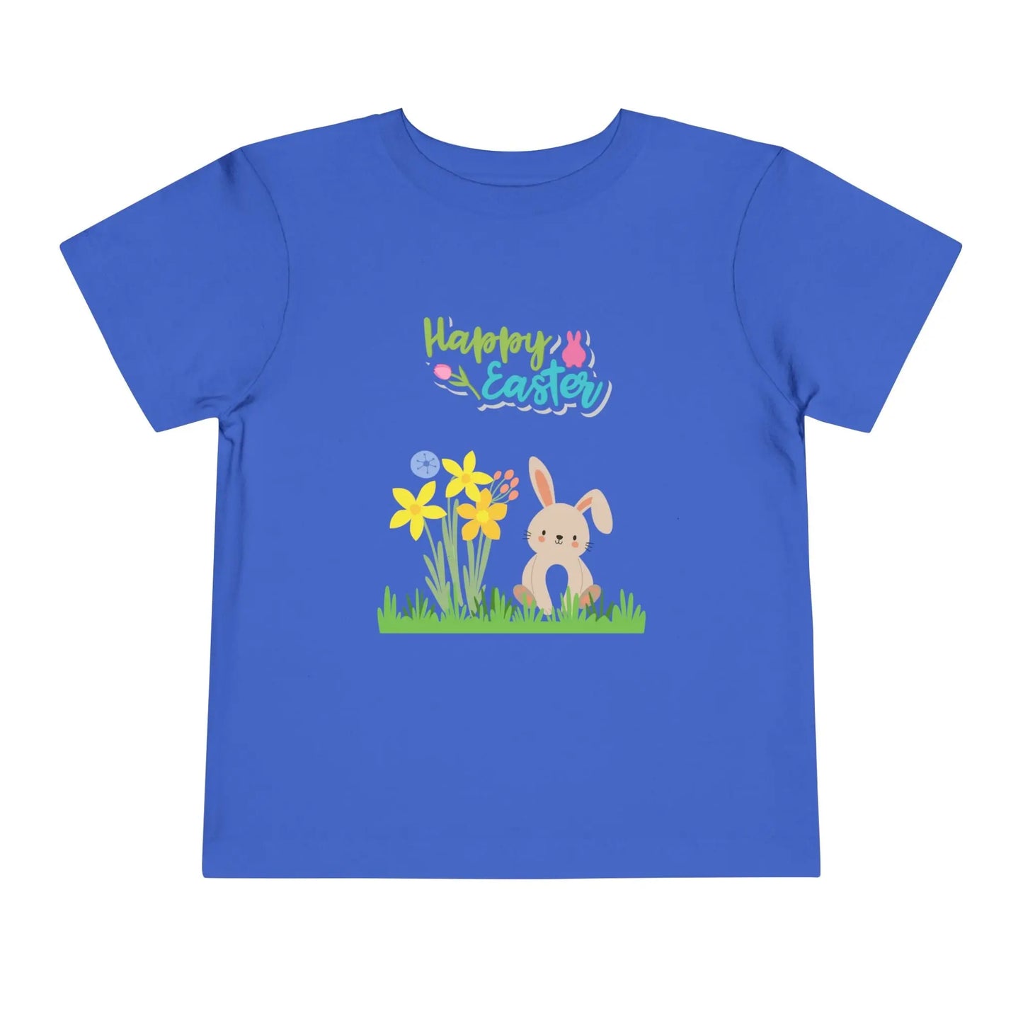 Soft cotton toddler tee with pastel bunny behind daffodils and Happy Easter rainbow lettering. Perfect for egg hunts and spring celebrations. Sizes 2T-5T. True Royal