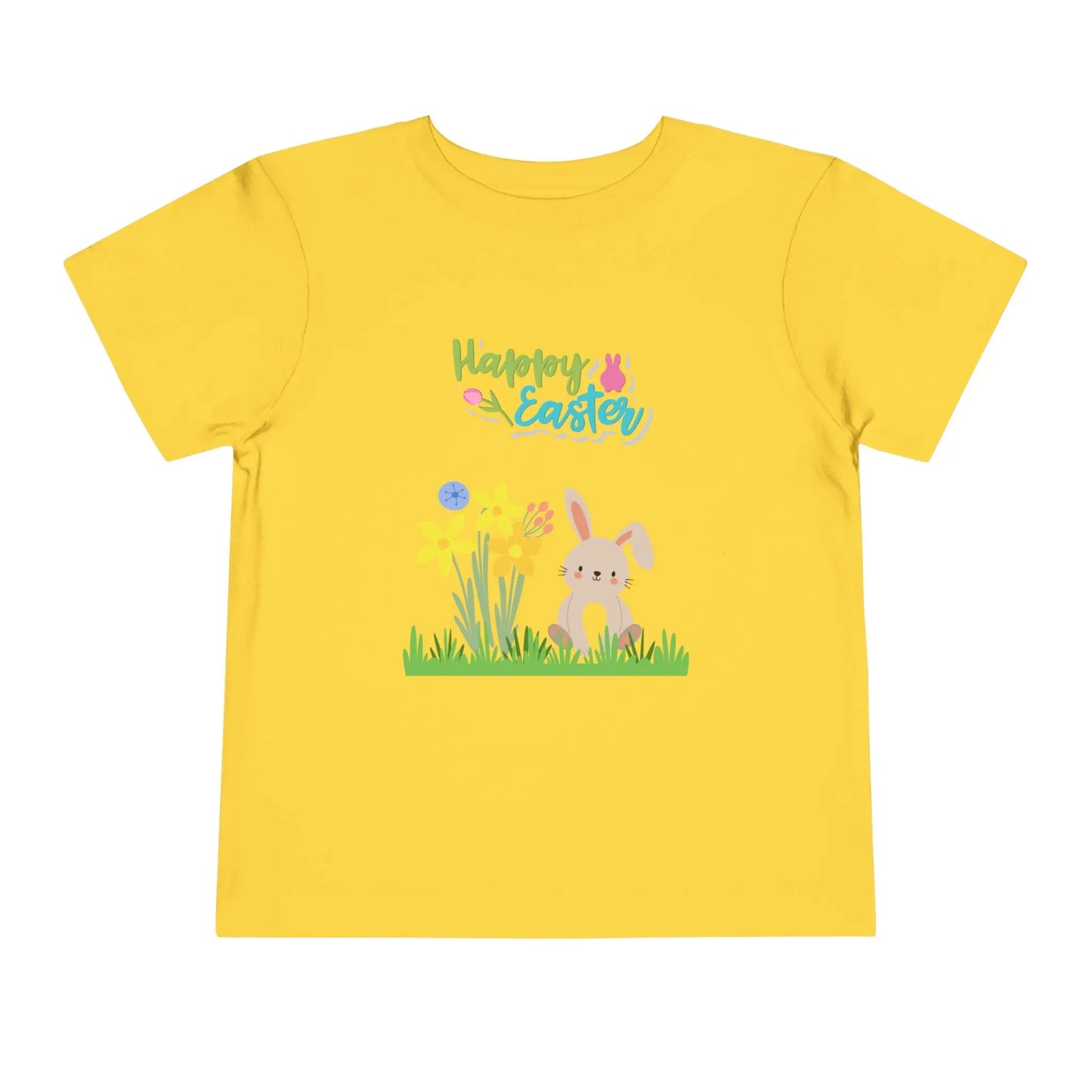 Soft cotton toddler tee with pastel bunny behind daffodils and Happy Easter rainbow lettering. Perfect for egg hunts and spring celebrations. Sizes 2T-5T. Yellow