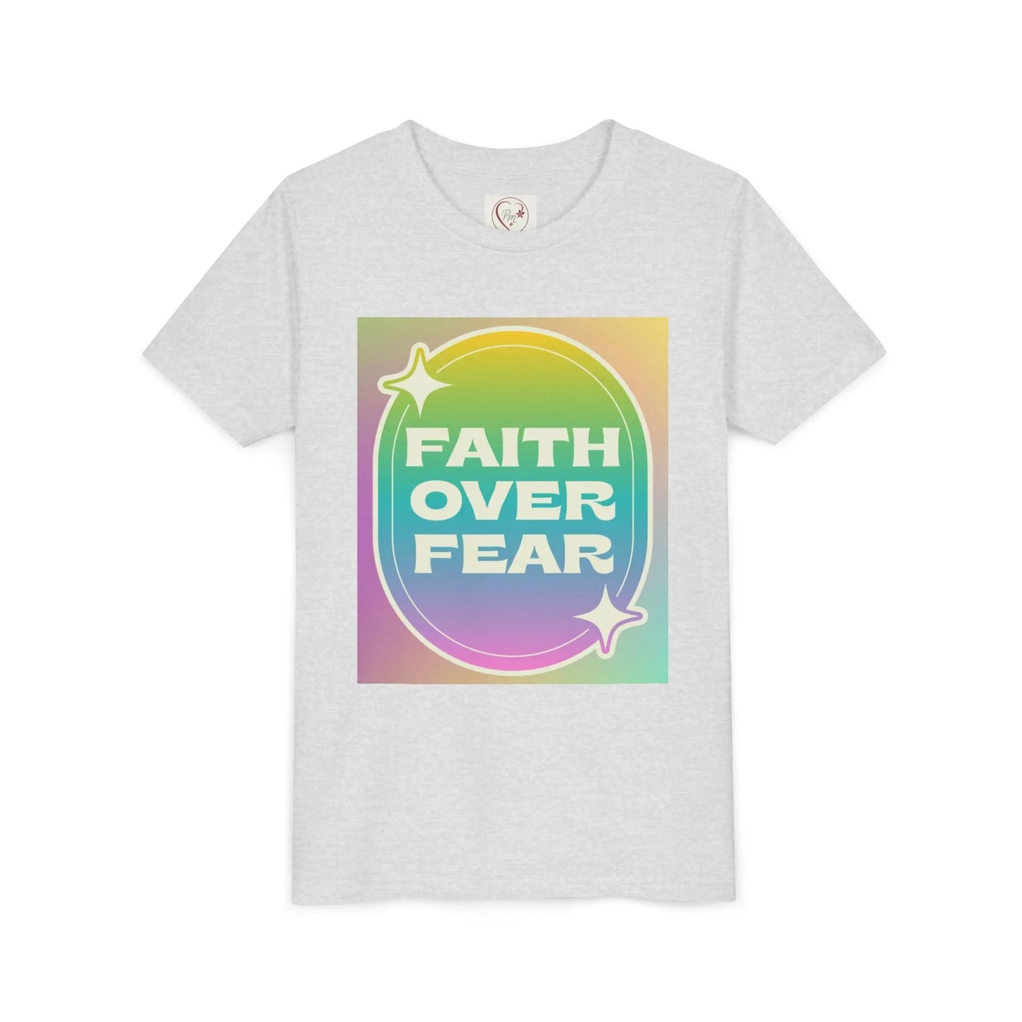 Soft, colorful youth tee with uplifting "Faith Over Fear" message. Lightweight cotton, perfect for church, Sunday school, or everyday wear. Inspiring kids' apparel. Ash