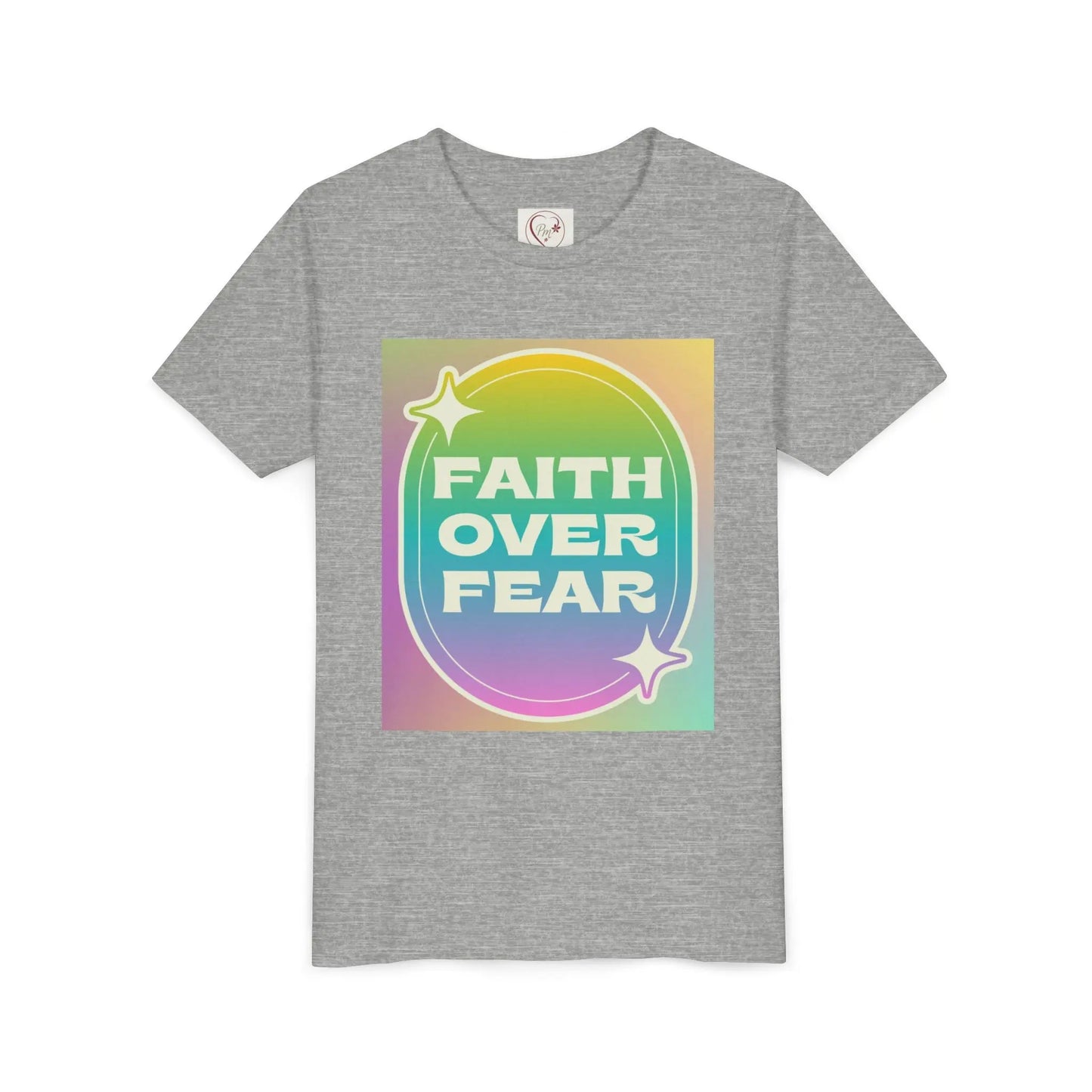 Soft, colorful youth tee with uplifting "Faith Over Fear" message. Lightweight cotton, perfect for church, Sunday school, or everyday wear. Inspiring kids' apparel. Athletic Heather