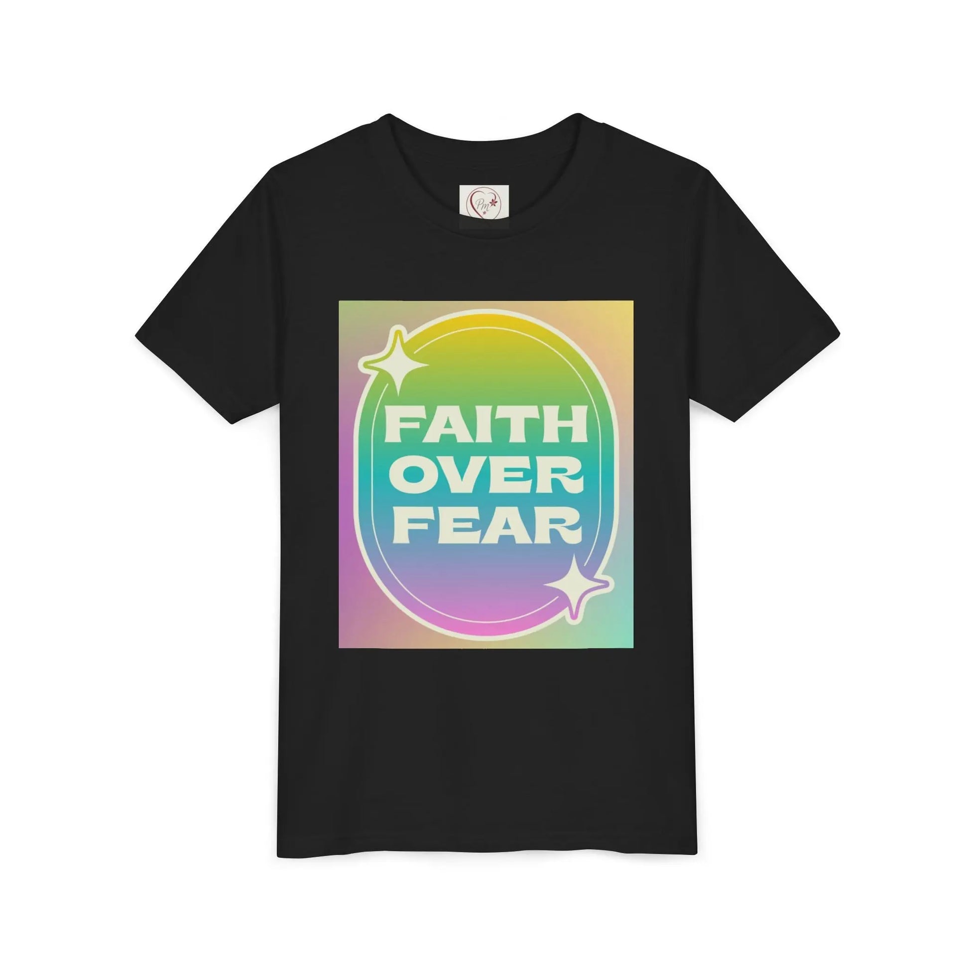 Soft, colorful youth tee with uplifting "Faith Over Fear" message. Lightweight cotton, perfect for church, Sunday school, or everyday wear. Inspiring kids' apparel. Black