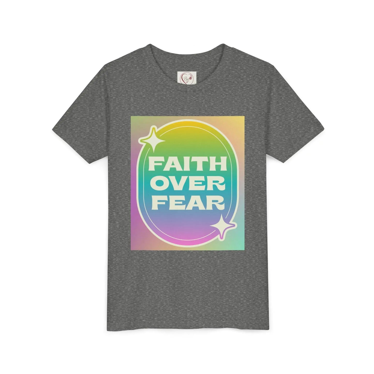 Soft, colorful youth tee with uplifting "Faith Over Fear" message. Lightweight cotton, perfect for church, Sunday school, or everyday wear. Inspiring kids' apparel. Deep Heather