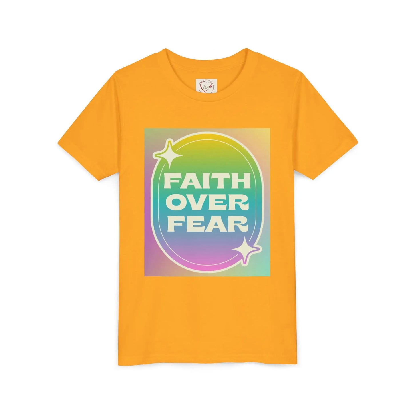 Soft, colorful youth tee with uplifting "Faith Over Fear" message. Lightweight cotton, perfect for church, Sunday school, or everyday wear. Inspiring kids' apparel. Gold