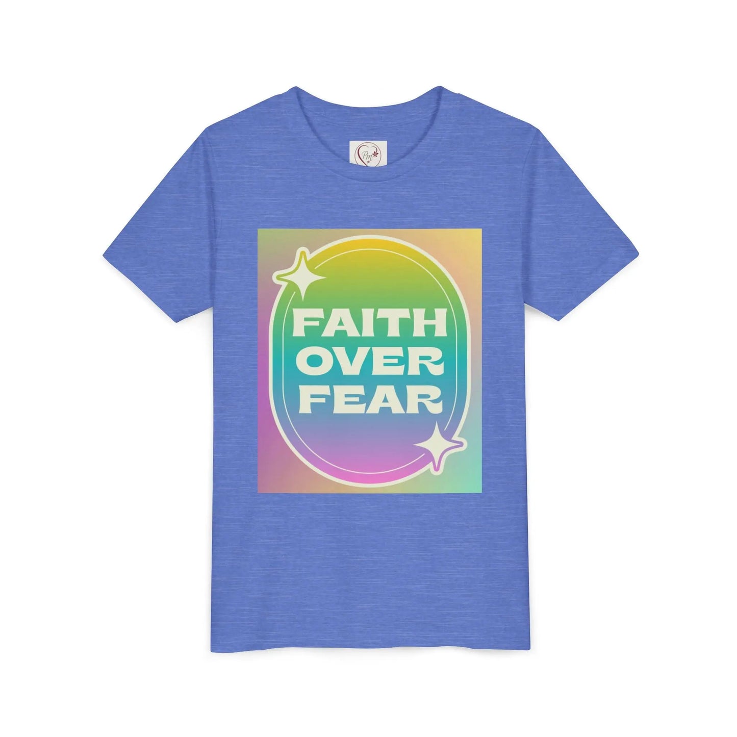 Soft, colorful youth tee with uplifting "Faith Over Fear" message. Lightweight cotton, perfect for church, Sunday school, or everyday wear. Inspiring kids' apparel. Heather Columbia Blue