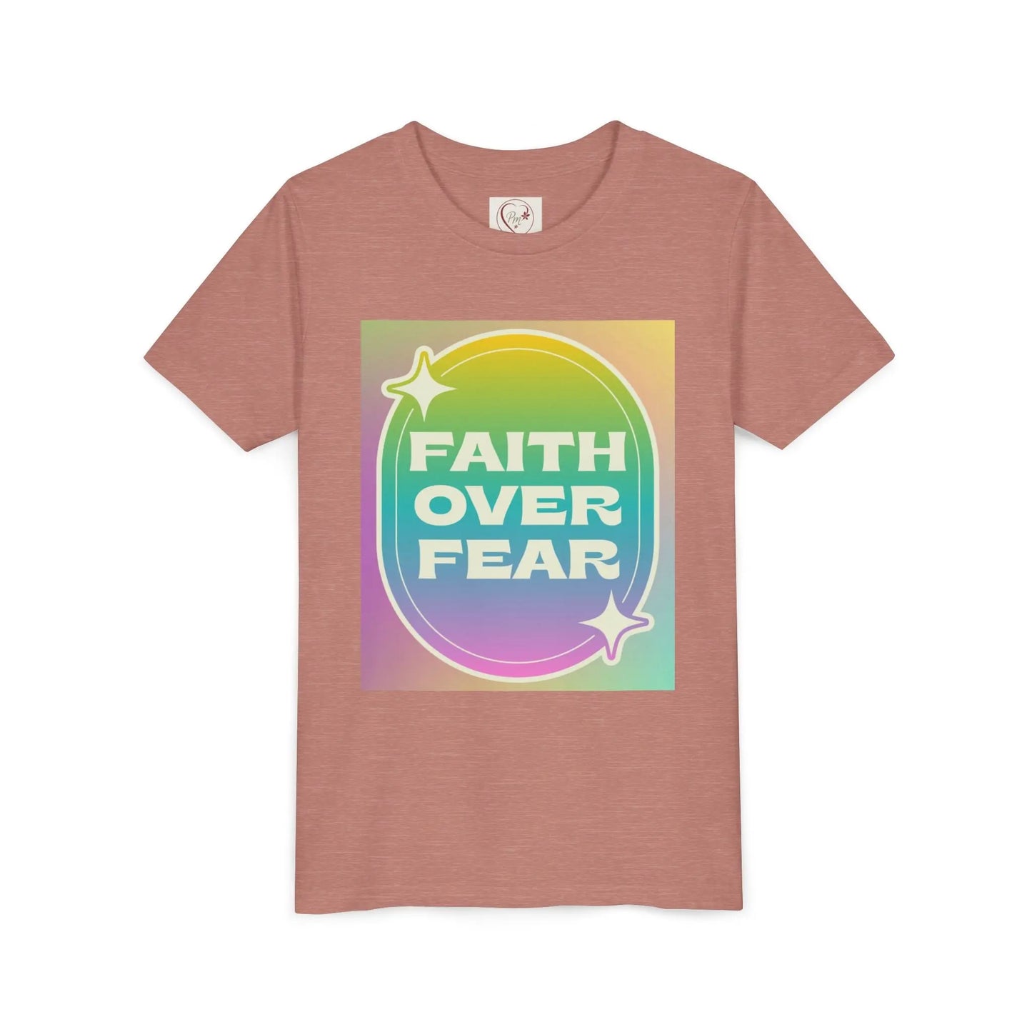 Soft, colorful youth tee with uplifting "Faith Over Fear" message. Lightweight cotton, perfect for church, Sunday school, or everyday wear. Inspiring kids' apparel. Heather Mauve