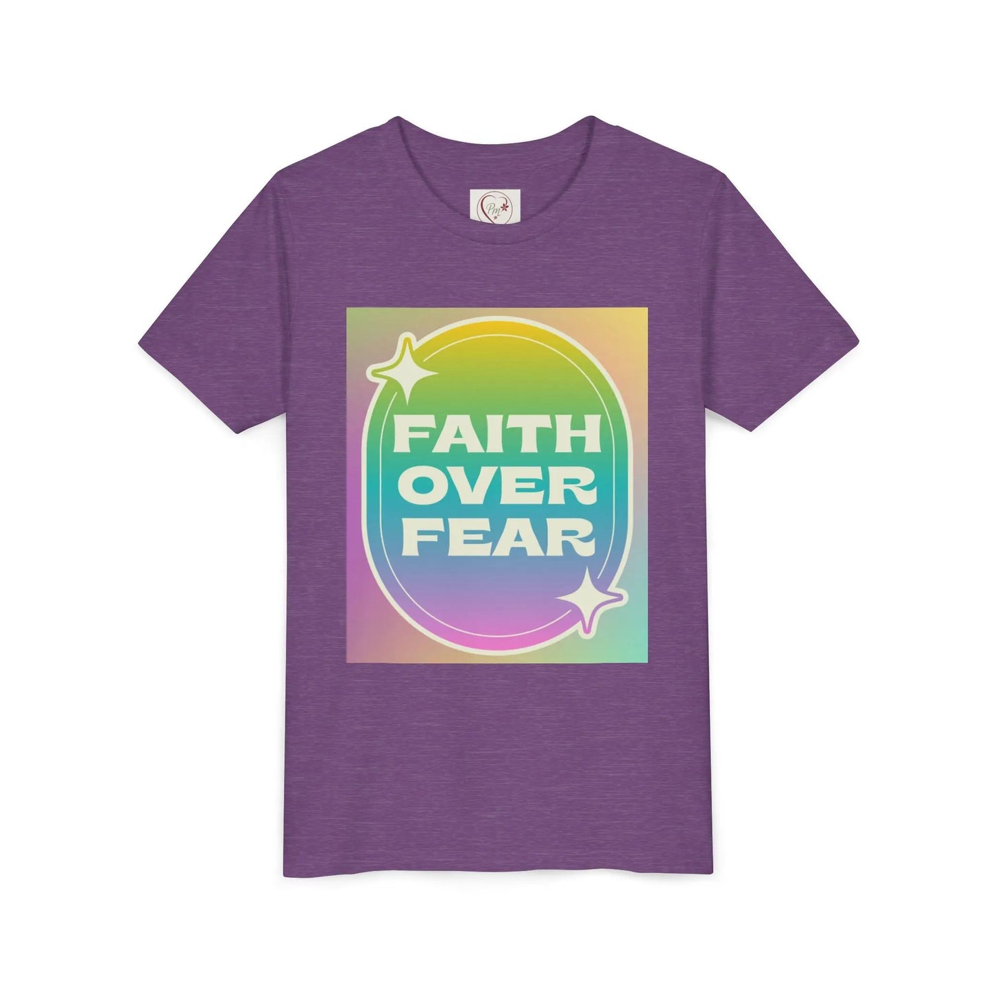 Soft, colorful youth tee with uplifting "Faith Over Fear" message. Lightweight cotton, perfect for church, Sunday school, or everyday wear. Inspiring kids' apparel. Heather Team Purple