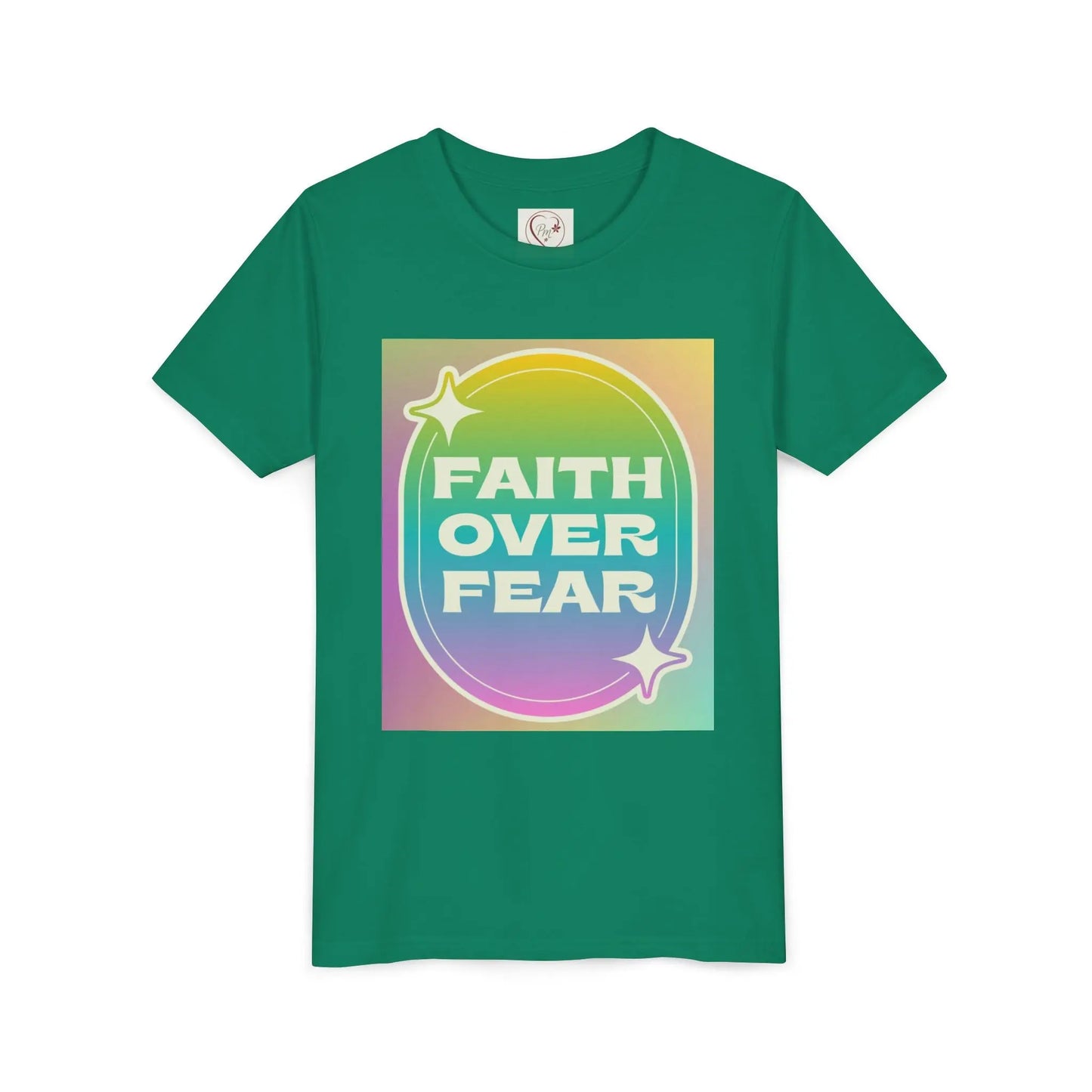 Soft, colorful youth tee with uplifting "Faith Over Fear" message. Lightweight cotton, perfect for church, Sunday school, or everyday wear. Inspiring kids' apparel. Kelly Green