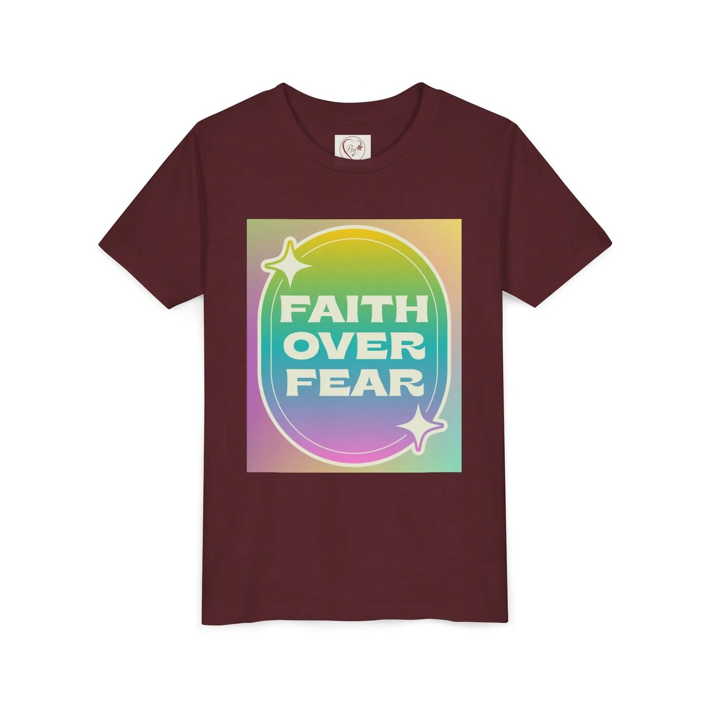 Soft, colorful youth tee with uplifting "Faith Over Fear" message. Lightweight cotton, perfect for church, Sunday school, or everyday wear. Inspiring kids' apparel. Maroon