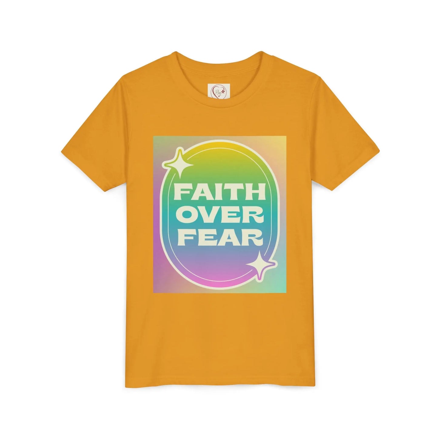 Soft, colorful youth tee with uplifting "Faith Over Fear" message. Lightweight cotton, perfect for church, Sunday school, or everyday wear. Inspiring kids' apparel. Mustard