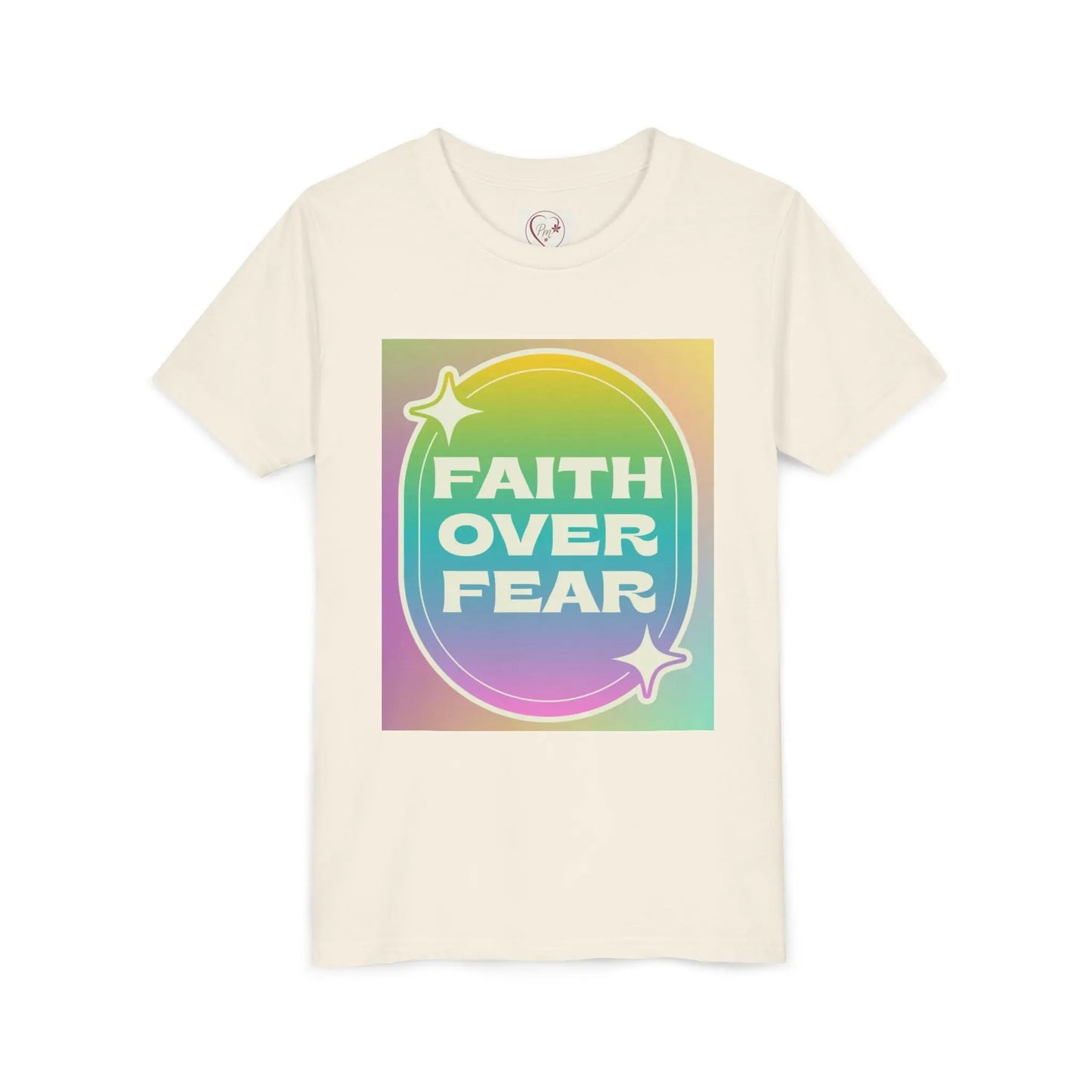 Soft, colorful youth tee with uplifting "Faith Over Fear" message. Lightweight cotton, perfect for church, Sunday school, or everyday wear. Inspiring kids' apparel. Natural