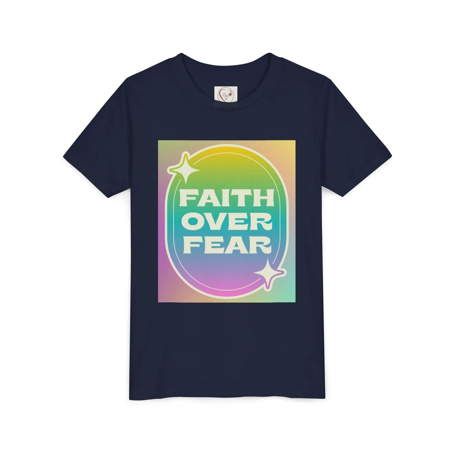 Soft, colorful youth tee with uplifting "Faith Over Fear" message. Lightweight cotton, perfect for church, Sunday school, or everyday wear. Inspiring kids' apparel. Navy