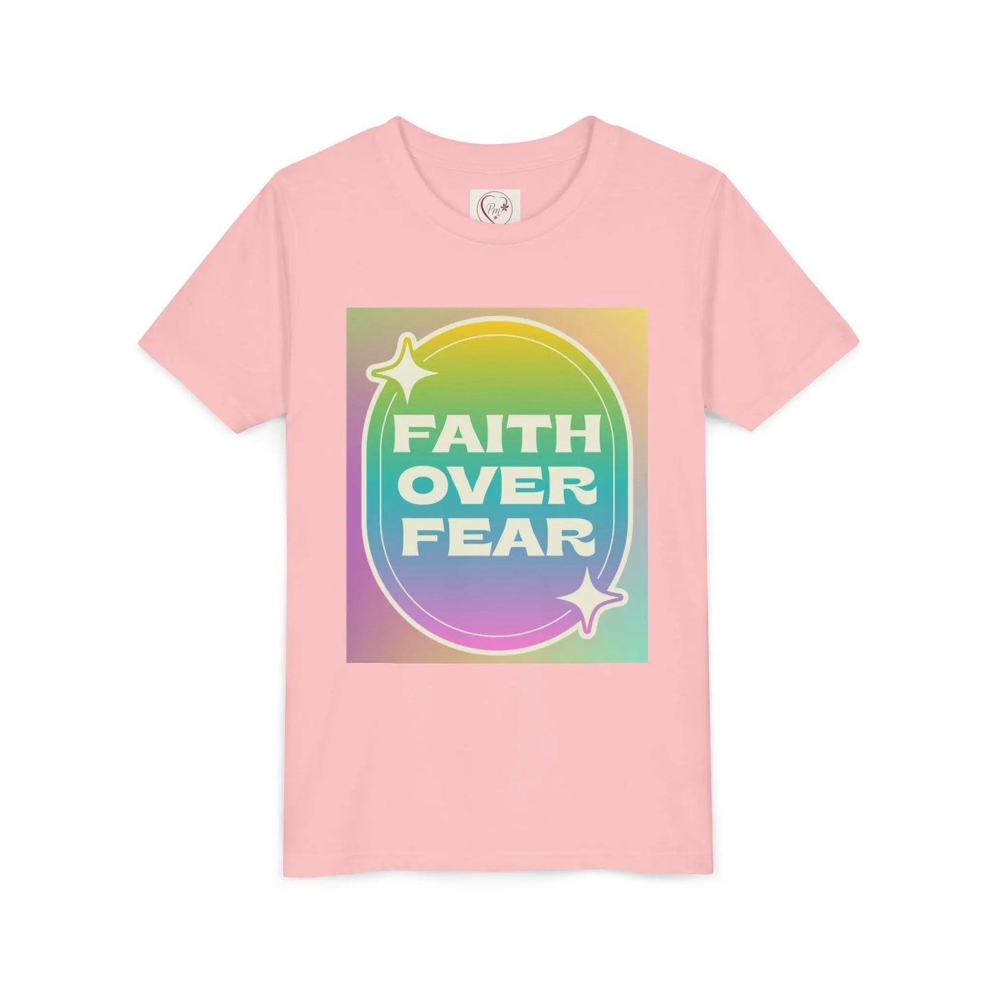 Soft, colorful youth tee with uplifting "Faith Over Fear" message. Lightweight cotton, perfect for church, Sunday school, or everyday wear. Inspiring kids' apparel. Pink