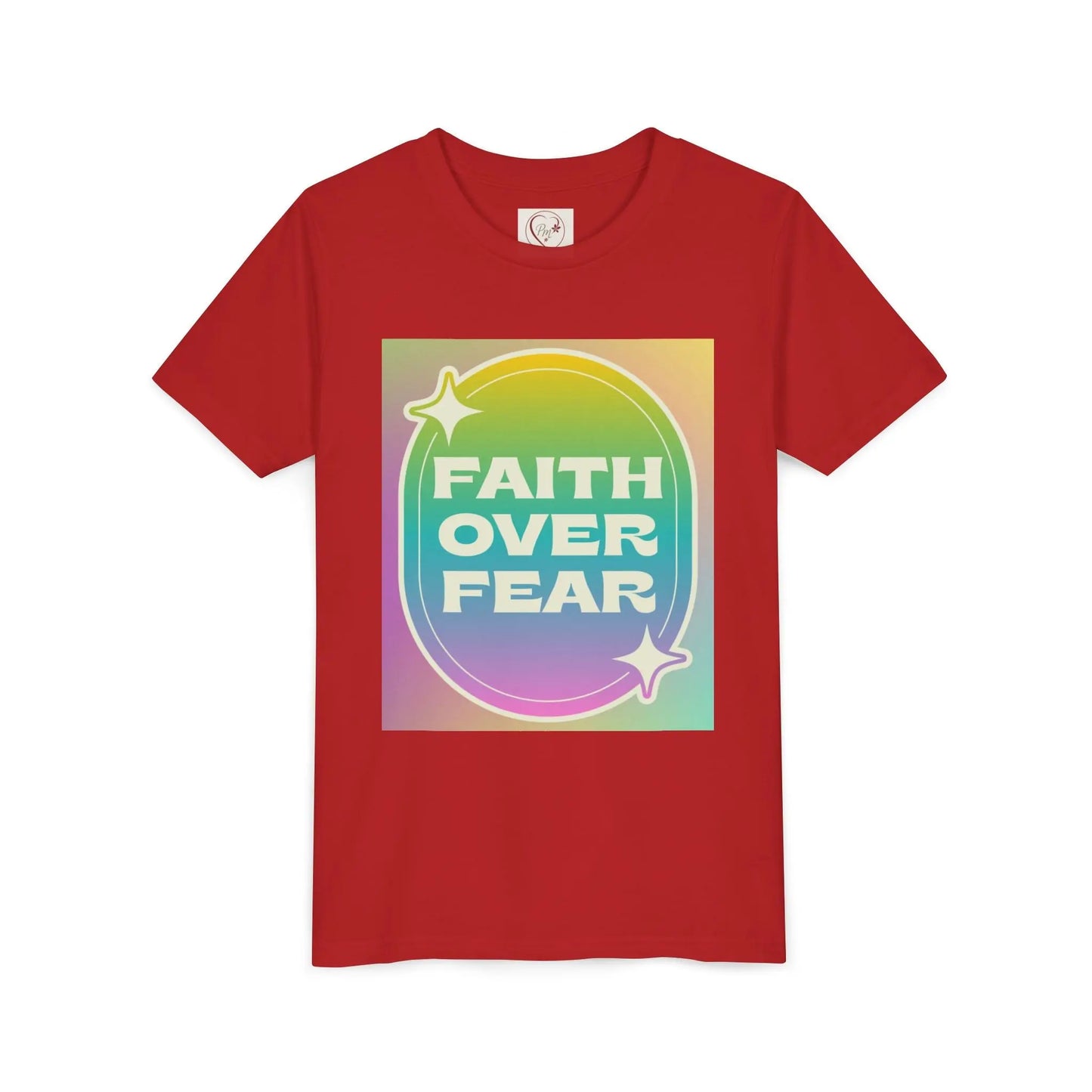 Soft, colorful youth tee with uplifting "Faith Over Fear" message. Lightweight cotton, perfect for church, Sunday school, or everyday wear. Inspiring kids' apparel. Red
