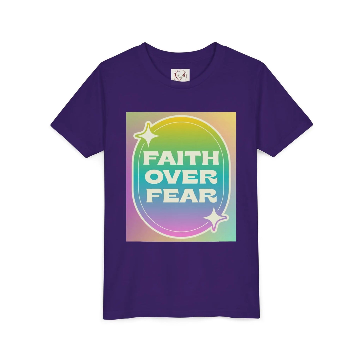Soft, colorful youth tee with uplifting "Faith Over Fear" message. Lightweight cotton, perfect for church, Sunday school, or everyday wear. Inspiring kids' apparel. Team Purple