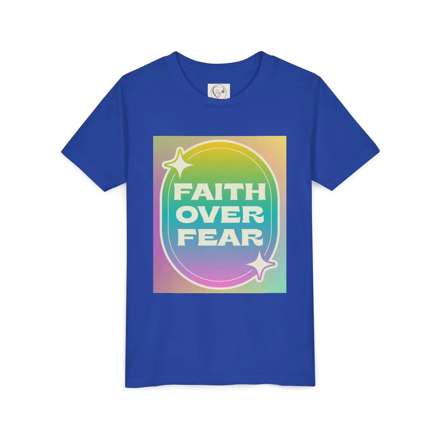 Soft, colorful youth tee with uplifting "Faith Over Fear" message. Lightweight cotton, perfect for church, Sunday school, or everyday wear. Inspiring kids' apparel. True Royal