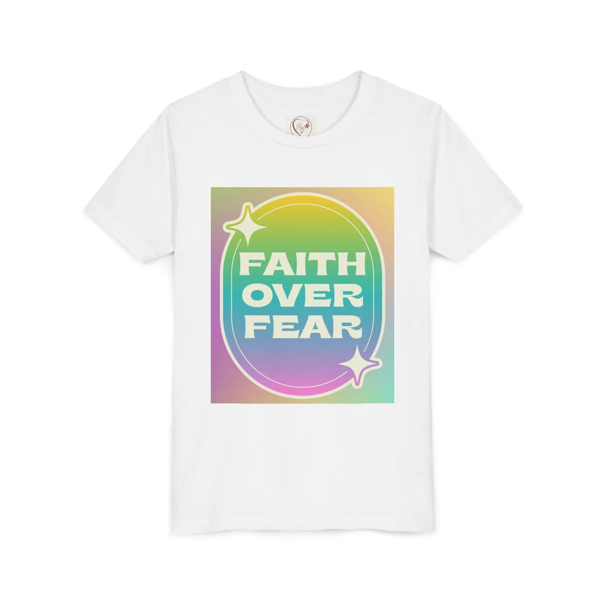 Soft, colorful youth tee with uplifting "Faith Over Fear" message. Lightweight cotton, perfect for church, Sunday school, or everyday wear. Inspiring kids' apparel. White