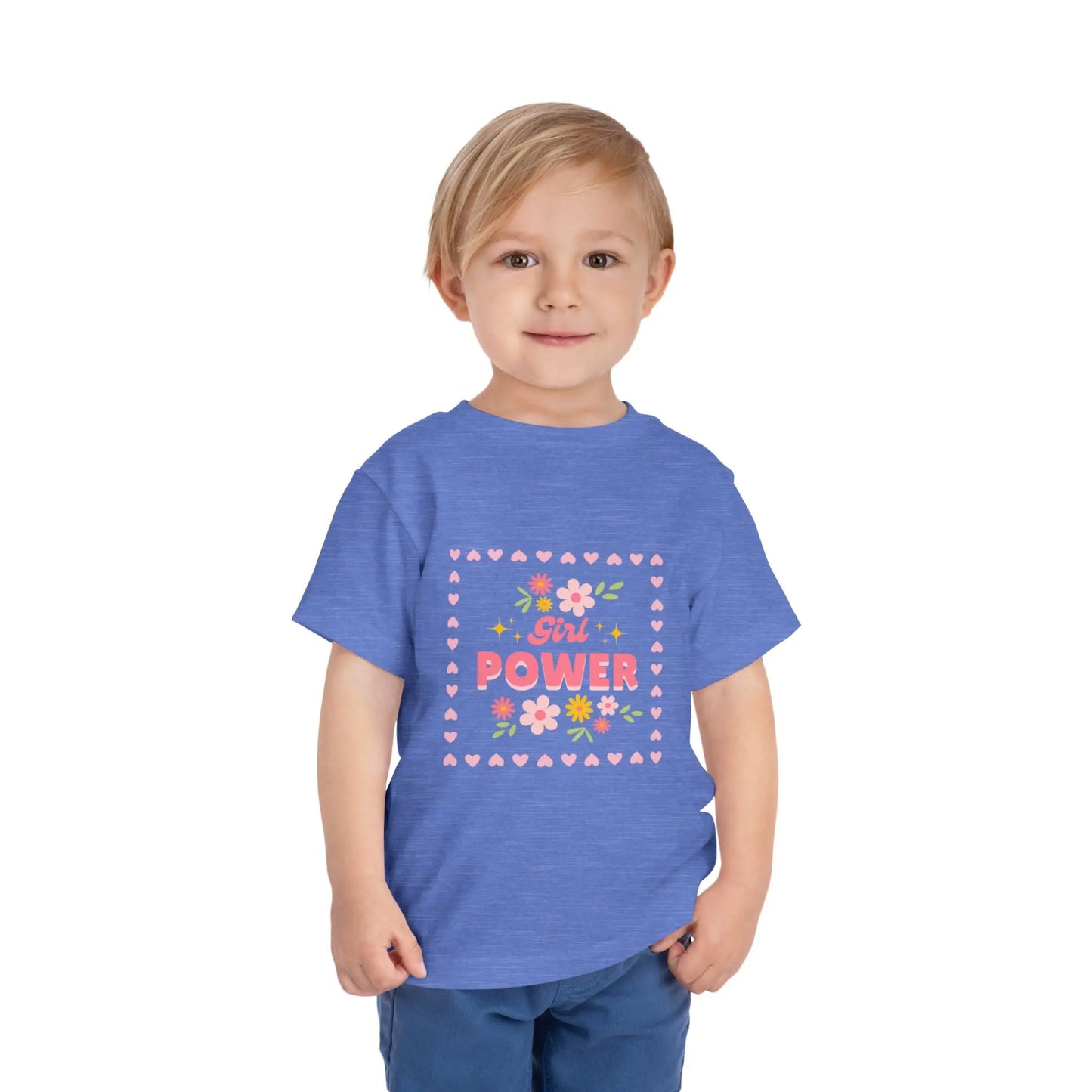 Soft floral toddler tee with a cheerful Girl Power design in pink & yellow. Tear-away label, sizes 2T–5T. Perfect for playdates, birthdays & gifting. Heather Columbia Blue