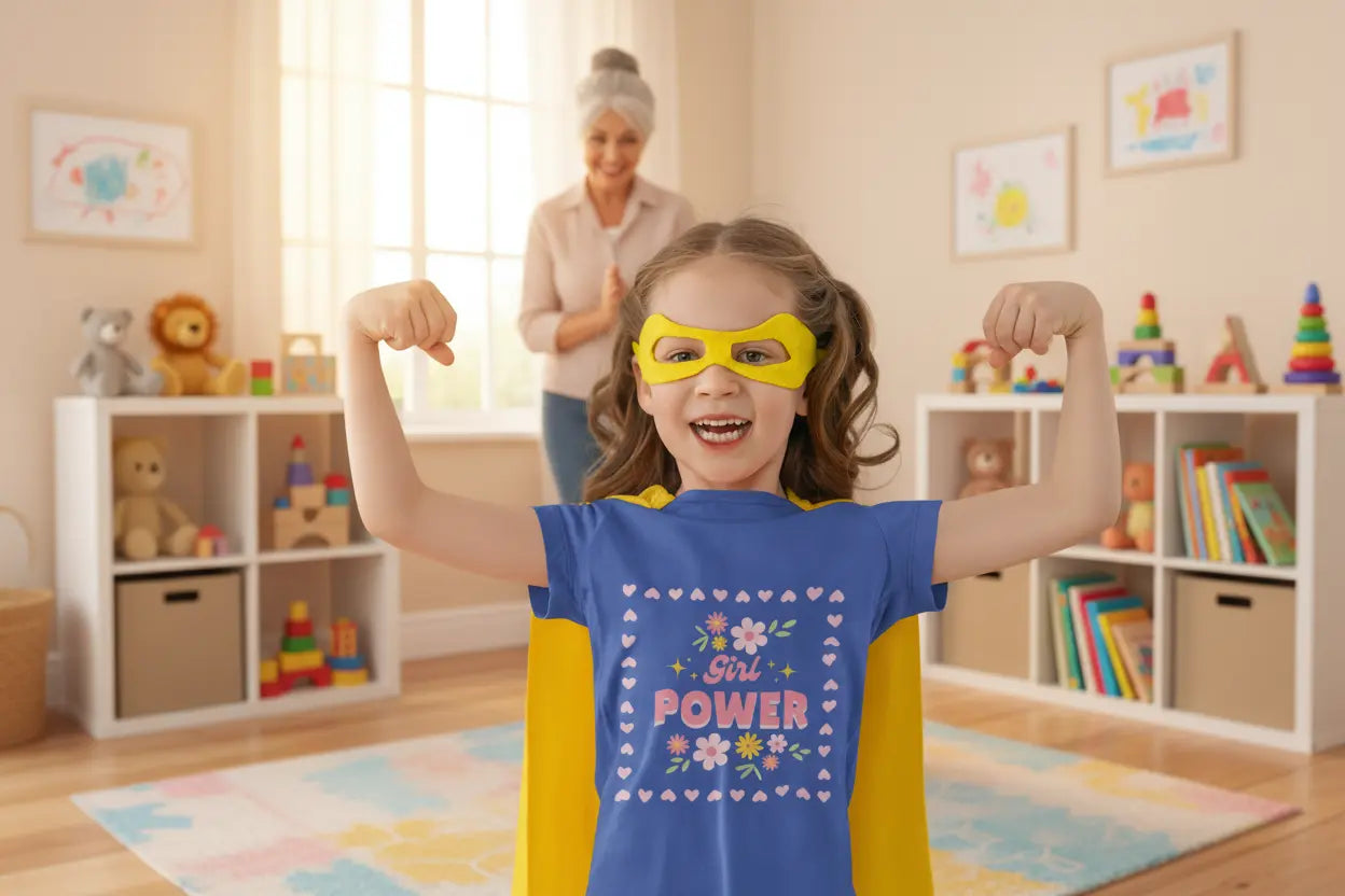 Child in superhero costume flexing muscles in a room with toys and books. Soft floral toddler tee with a cheerful Girl Power design in pink & yellow. Tear-away label, sizes 2T–5T. Perfect for playdates, birthdays & gifting.
