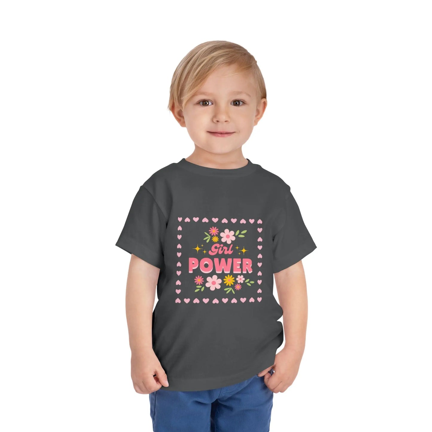 Soft floral toddler tee with a cheerful Girl Power design in pink & yellow. Tear-away label, sizes 2T–5T. Perfect for playdates, birthdays & gifting. Asphalt