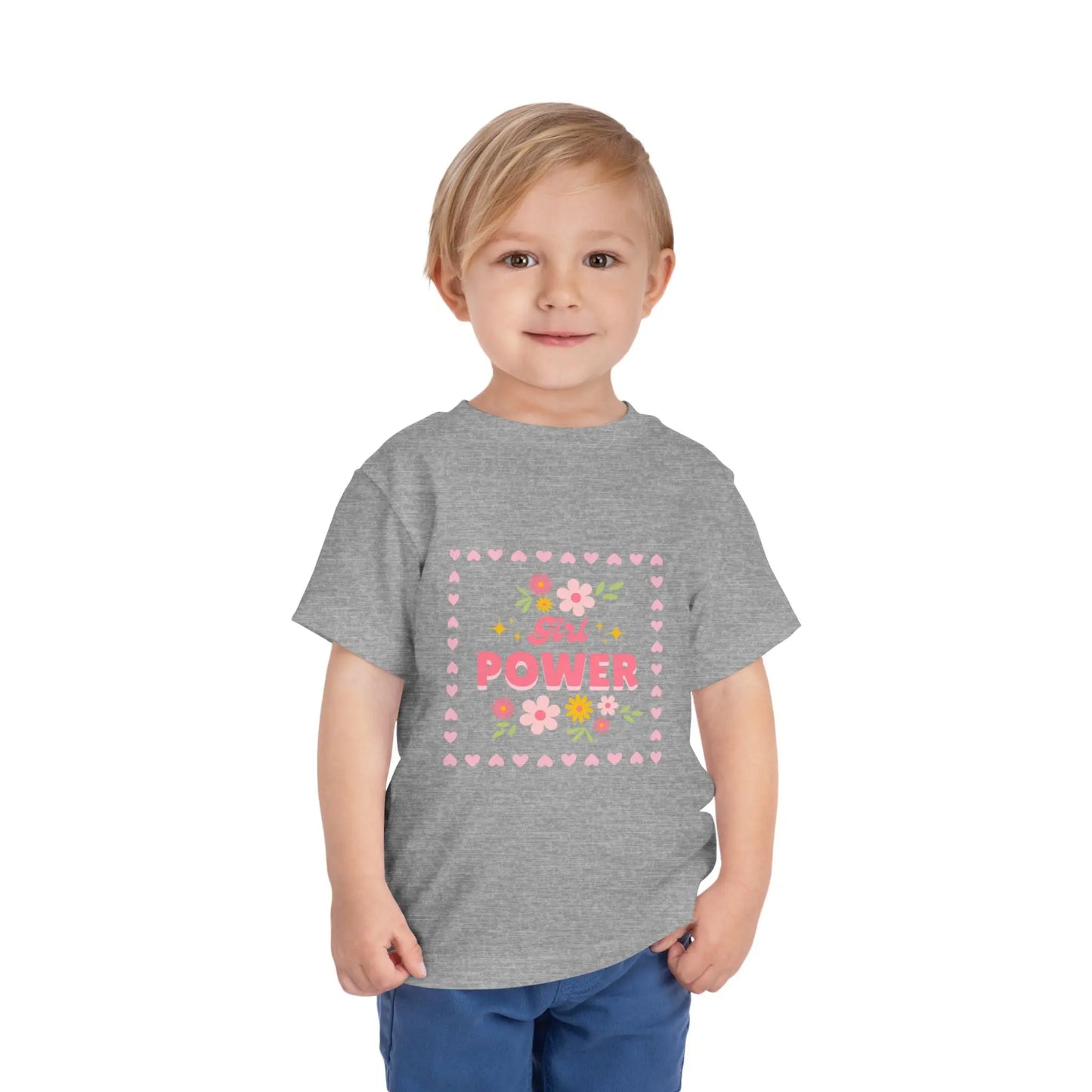 Soft floral toddler tee with a cheerful Girl Power design in pink & yellow. Tear-away label, sizes 2T–5T. Perfect for playdates, birthdays & gifting. Athletic Heather