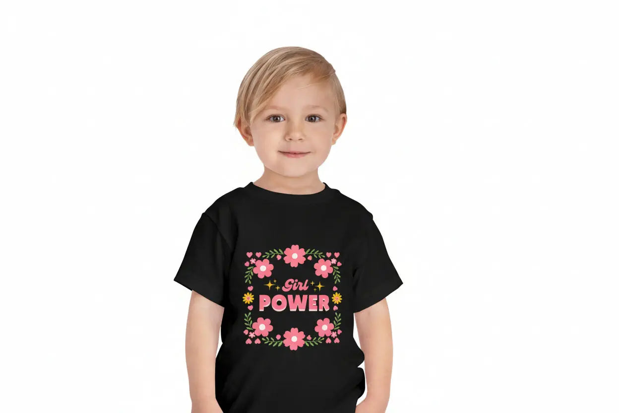 Soft floral toddler tee with a cheerful Girl Power design in pink & yellow. Tear-away label, sizes 2T–5T. Perfect for playdates, birthdays & gifting. Black