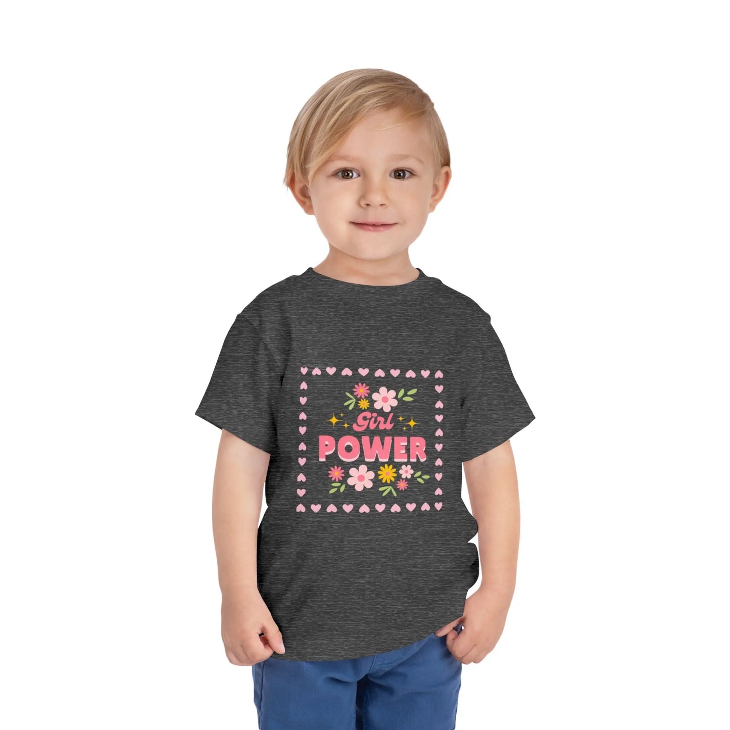 Soft floral toddler tee with a cheerful Girl Power design in pink & yellow. Tear-away label, sizes 2T–5T. Perfect for playdates, birthdays & gifting. Deep Heather