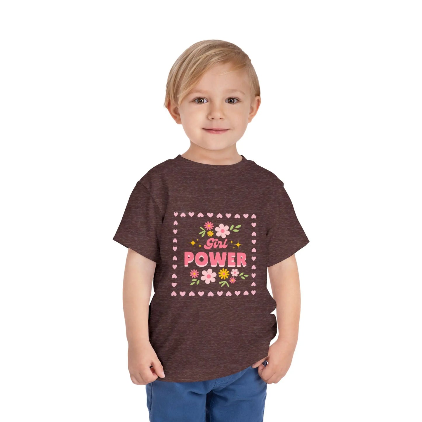 Soft floral toddler tee with a cheerful Girl Power design in pink & yellow. Tear-away label, sizes 2T–5T. Perfect for playdates, birthdays & gifting. Heather Maroon