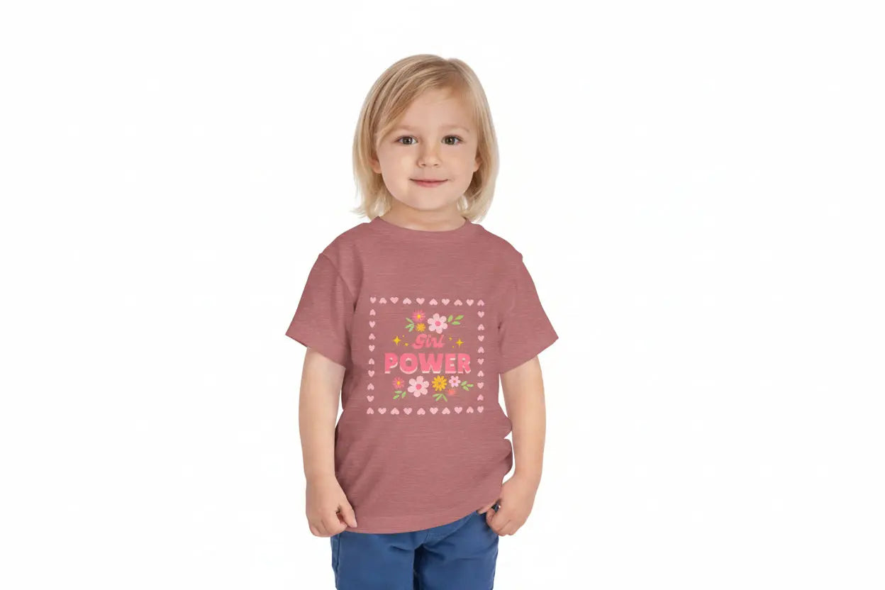 Soft floral toddler tee with a cheerful Girl Power design in pink & yellow. Tear-away label, sizes 2T–5T. Perfect for playdates, birthdays & gifting. Heather Mauve