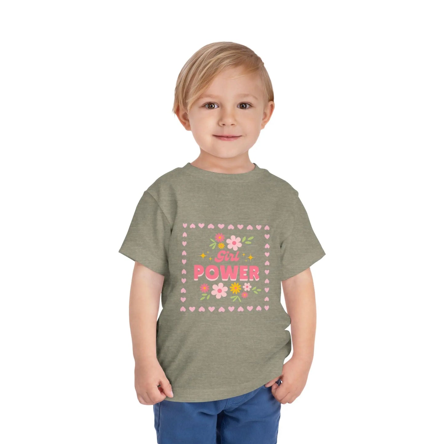 Soft floral toddler tee with a cheerful Girl Power design in pink & yellow. Tear-away label, sizes 2T–5T. Perfect for playdates, birthdays & gifting. Heather Stone