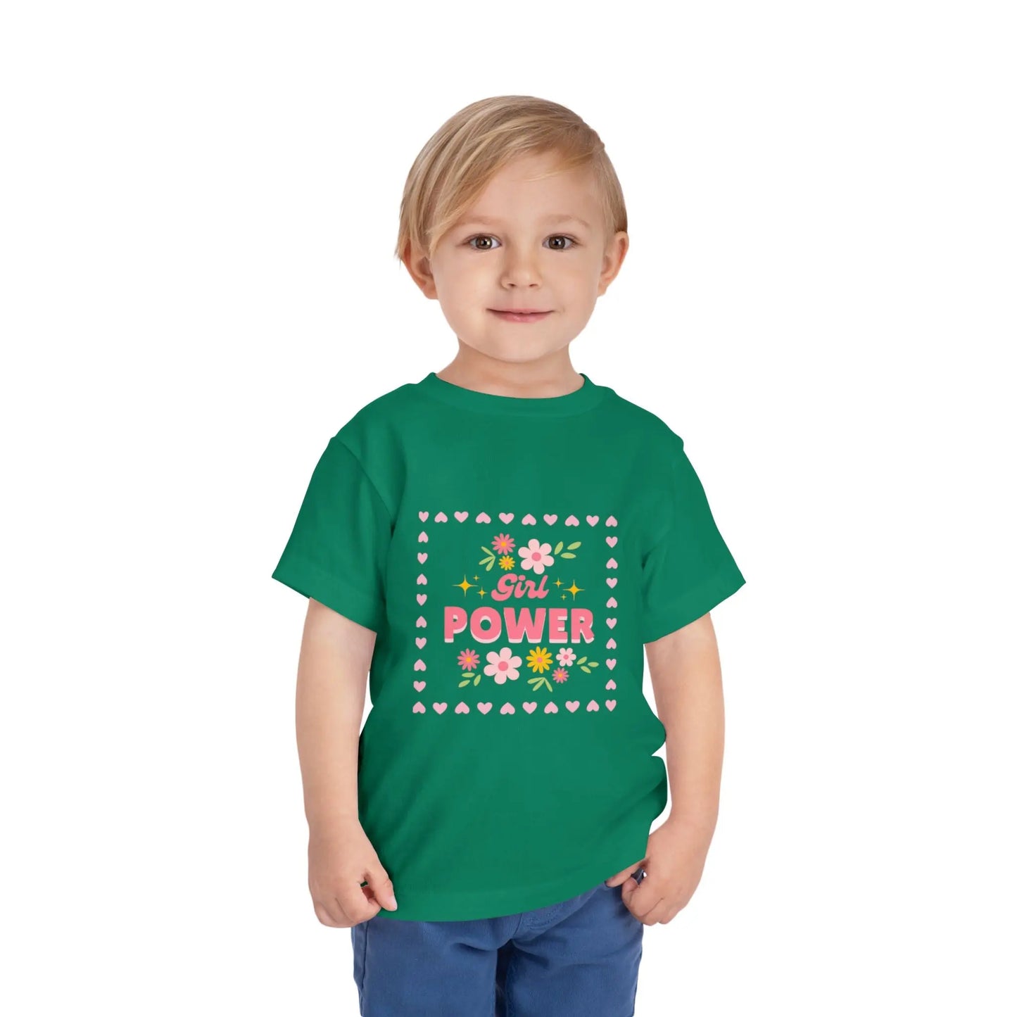 Soft floral toddler tee with a cheerful Girl Power design in pink & yellow. Tear-away label, sizes 2T–5T. Perfect for playdates, birthdays & gifting. Kelly Green