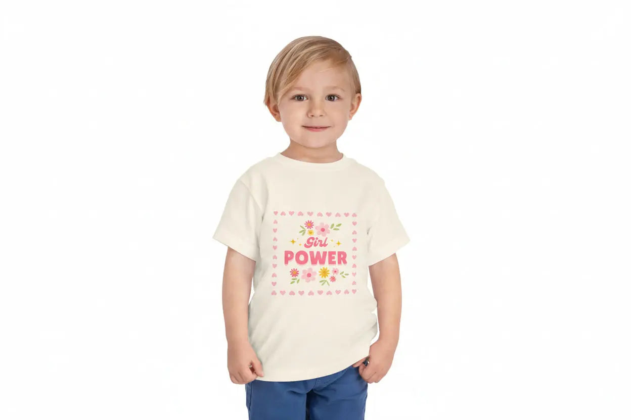 Soft floral toddler tee with a cheerful Girl Power design in pink & yellow. Tear-away label, sizes 2T–5T. Perfect for playdates, birthdays & gifting. Natural