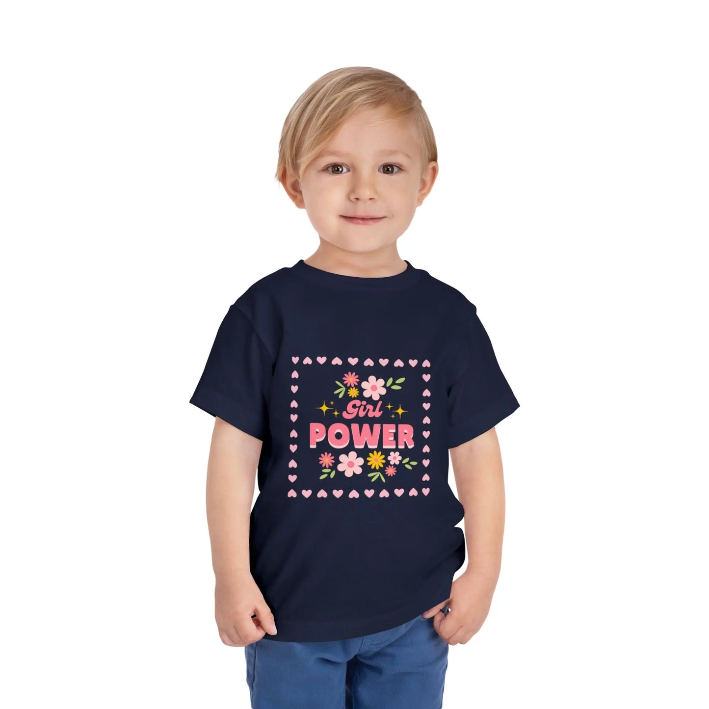 Soft floral toddler tee with a cheerful Girl Power design in pink & yellow. Tear-away label, sizes 2T–5T. Perfect for playdates, birthdays & gifting. Navy