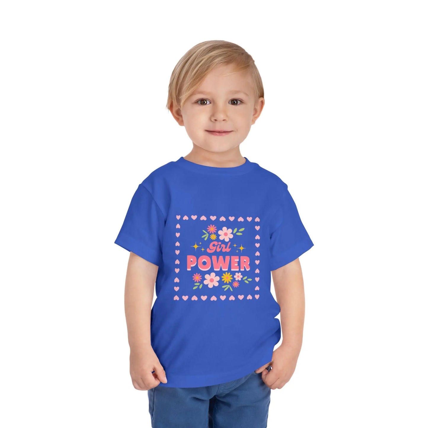 Soft floral toddler tee with a cheerful Girl Power design in pink & yellow. Tear-away label, sizes 2T–5T. Perfect for playdates, birthdays & gifting. True Royal