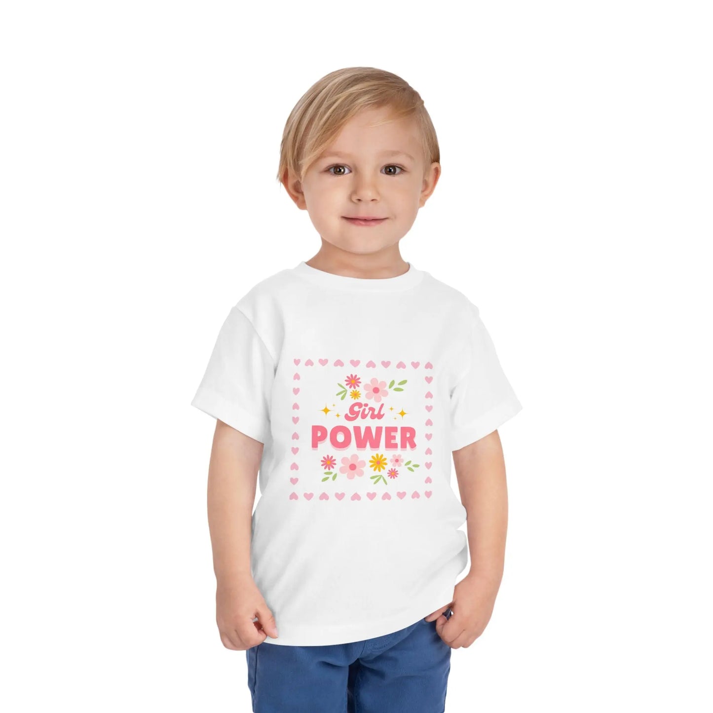 Soft floral toddler tee with a cheerful Girl Power design in pink & yellow. Tear-away label, sizes 2T–5T. Perfect for playdates, birthdays & gifting. White