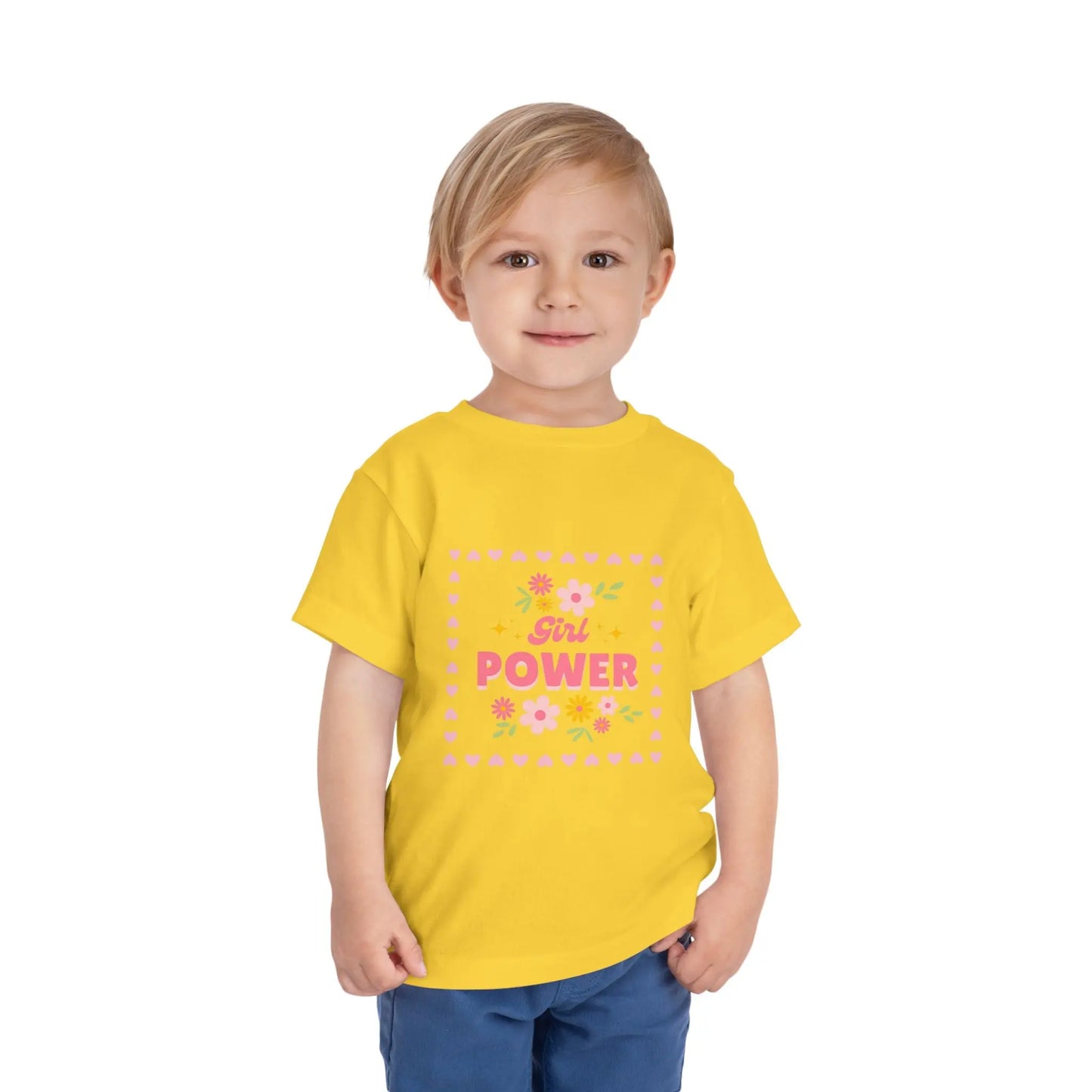 Soft floral toddler tee with a cheerful Girl Power design in pink & yellow. Tear-away label, sizes 2T–5T. Perfect for playdates, birthdays & gifting. Yellow