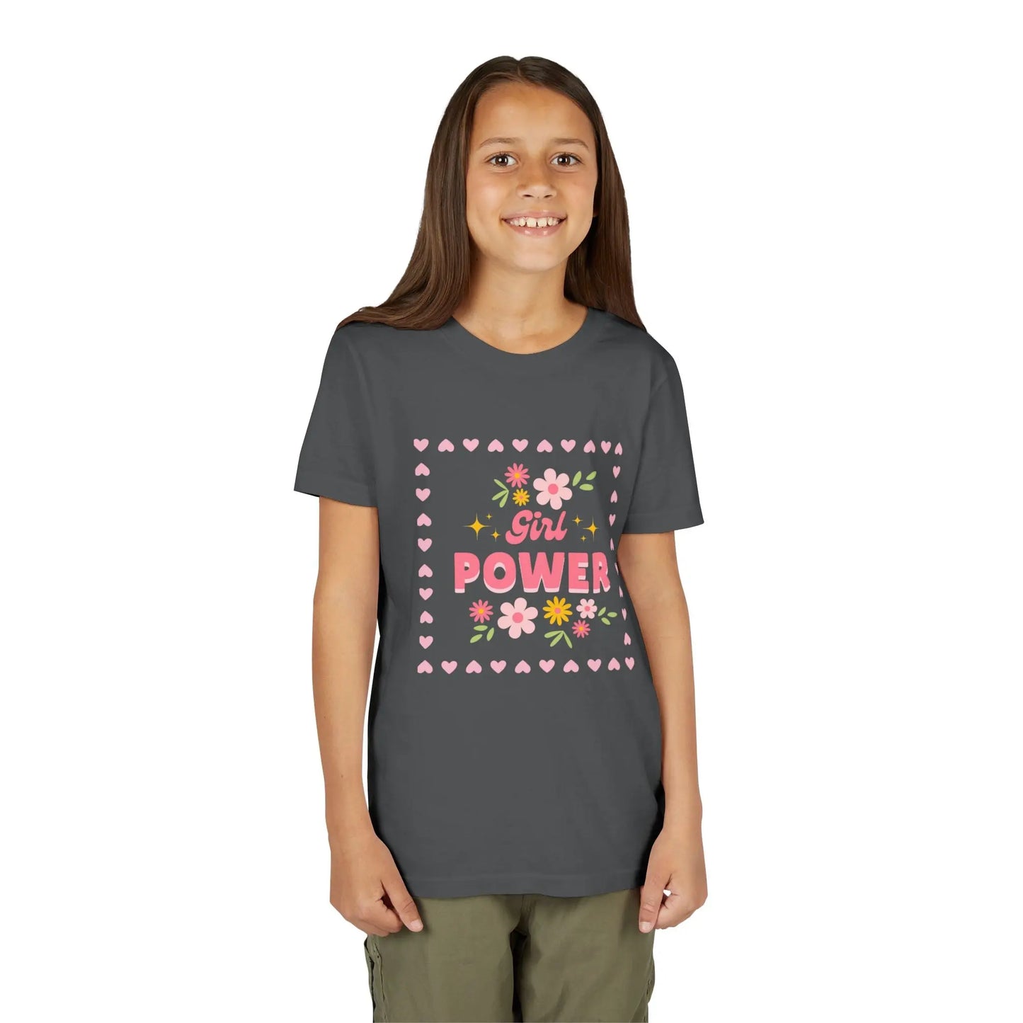 Girl wearing an Asphalt soft youth tee with a floral Girl Power design in pink. Lightweight Bella+Canvas, sizes S–XL. Perfect for school, playdates & gifting.